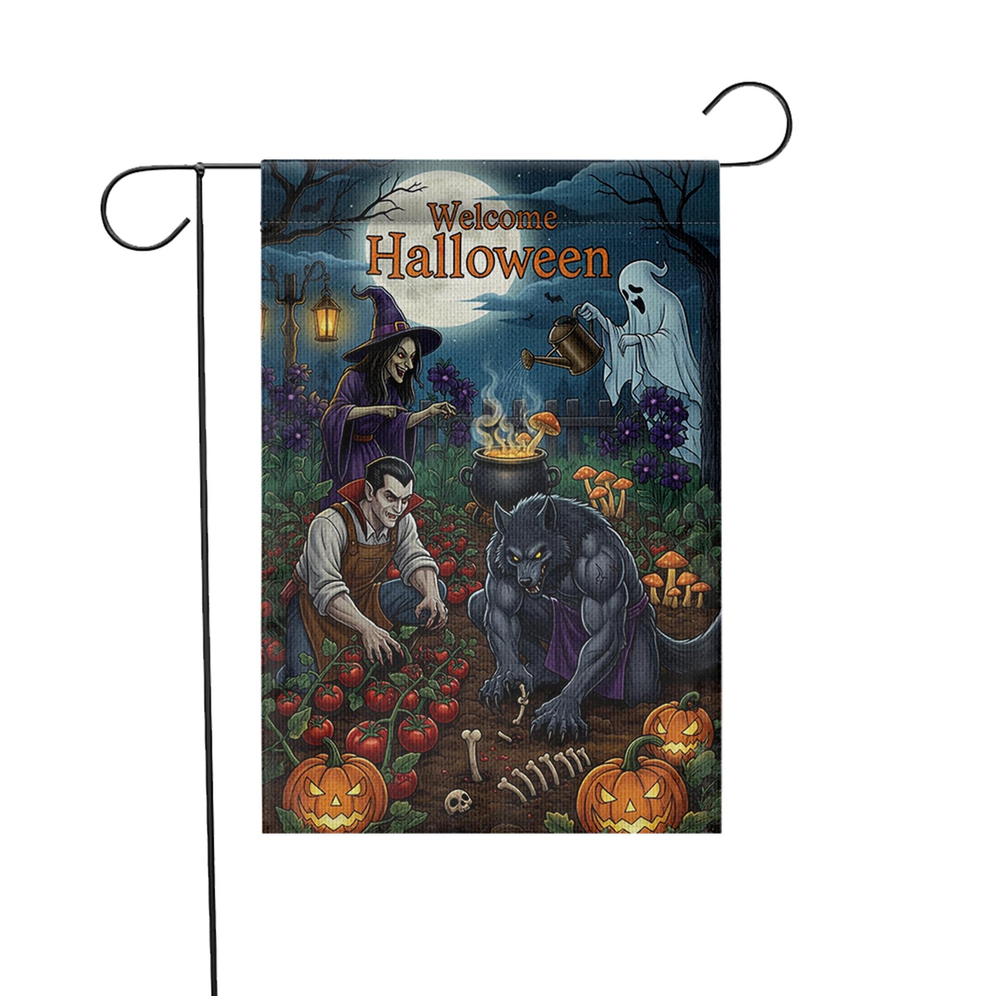Welcome Halloween Garden Flag | Spooky Witch Vampire Werewolf Yard Banner | Fall Outdoor Decor | Haunted Garden Halloween Sign