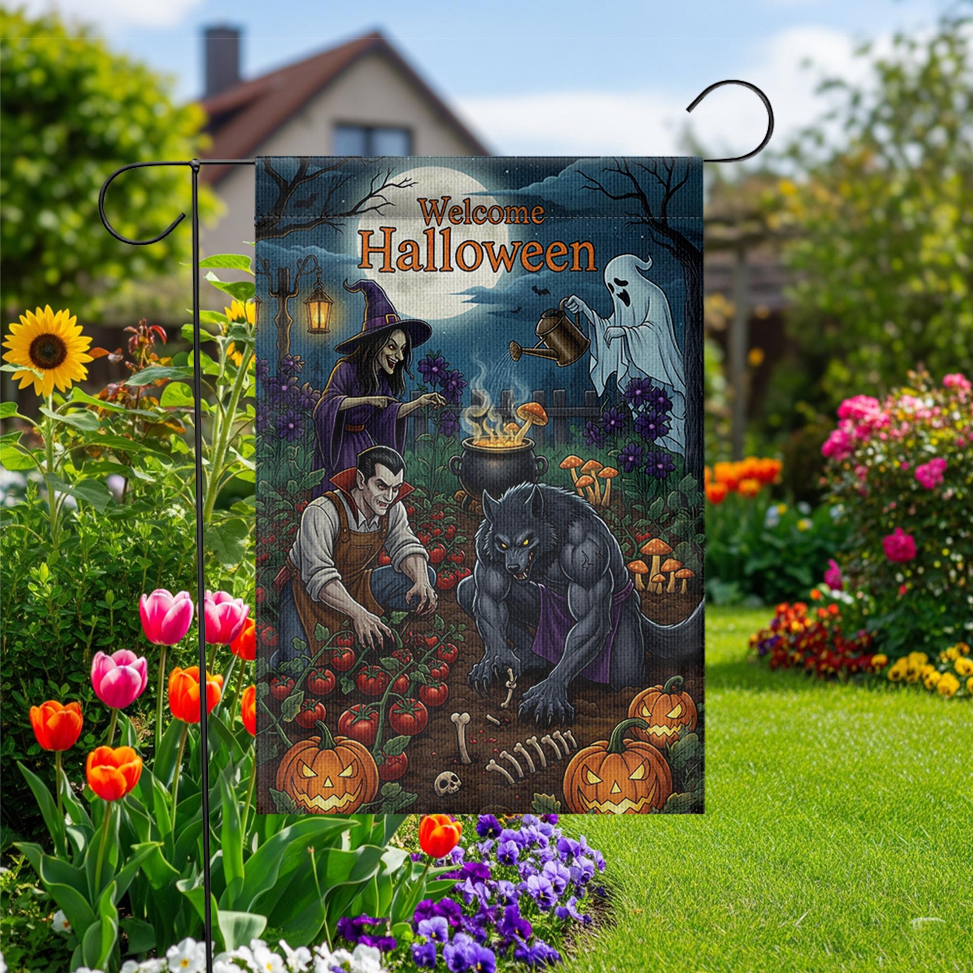 Welcome Halloween Garden Flag | Spooky Witch Vampire Werewolf Yard Banner | Fall Outdoor Decor | Haunted Garden Halloween Sign