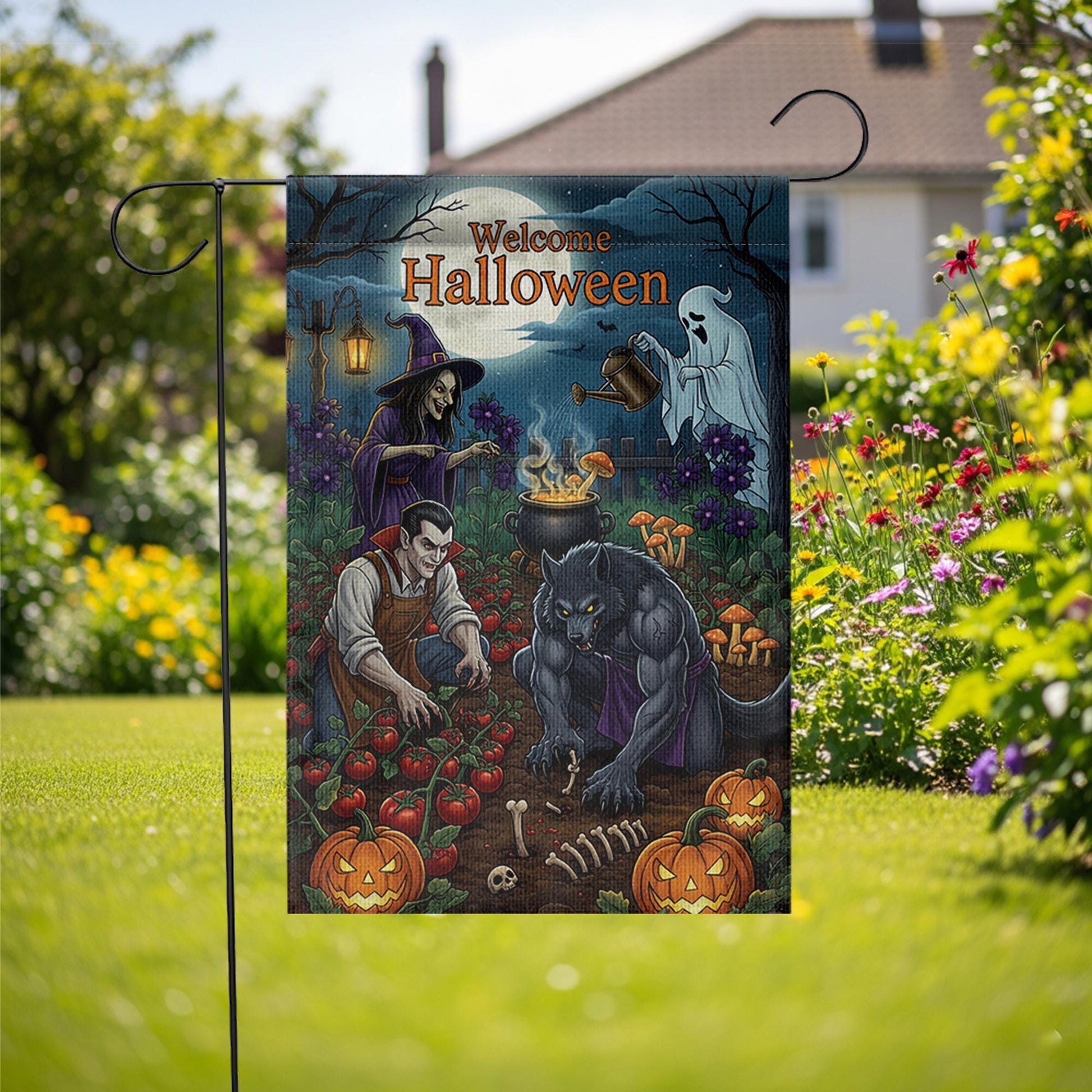 Welcome Halloween Garden Flag | Spooky Witch Vampire Werewolf Yard Banner | Fall Outdoor Decor | Haunted Garden Halloween Sign