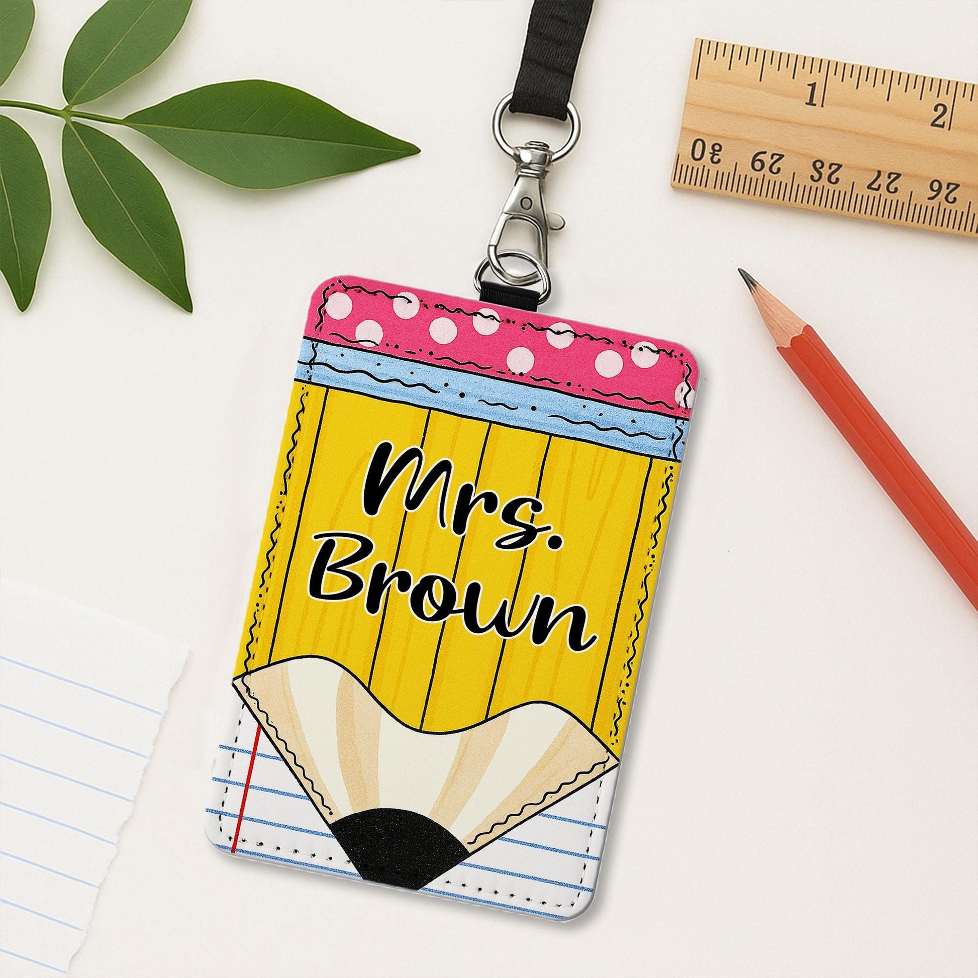 Personalized Teacher Badge Holder - Cute Pencil Design Name Tag for Classroom, Custom Lanyard ID Clip, Back to School Gift, Teacher Gift