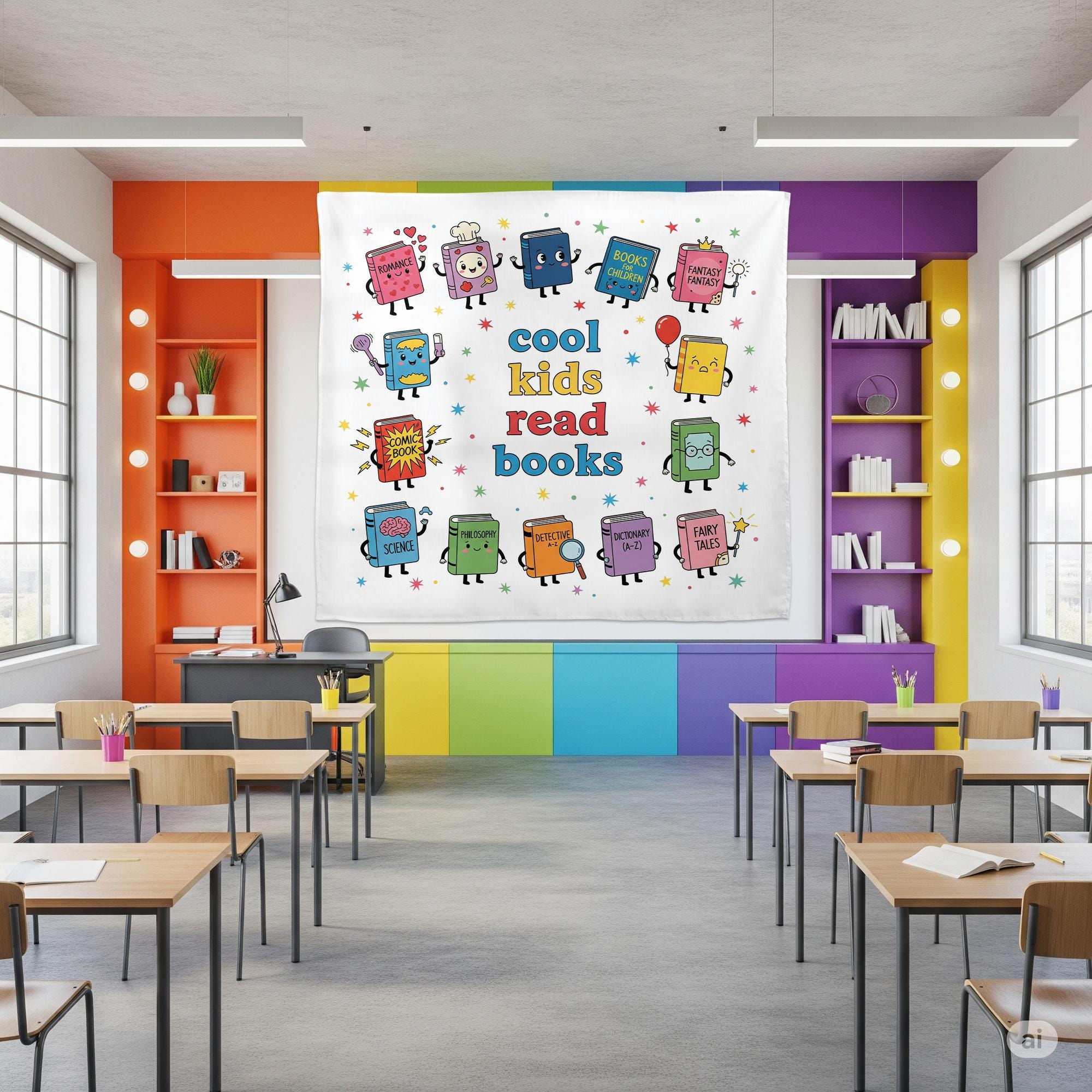 Cool Kids Read Books Banner - Cute Book Characters Classroom Wall Decor, Library Reading Poster, Back to School Teacher Decoration