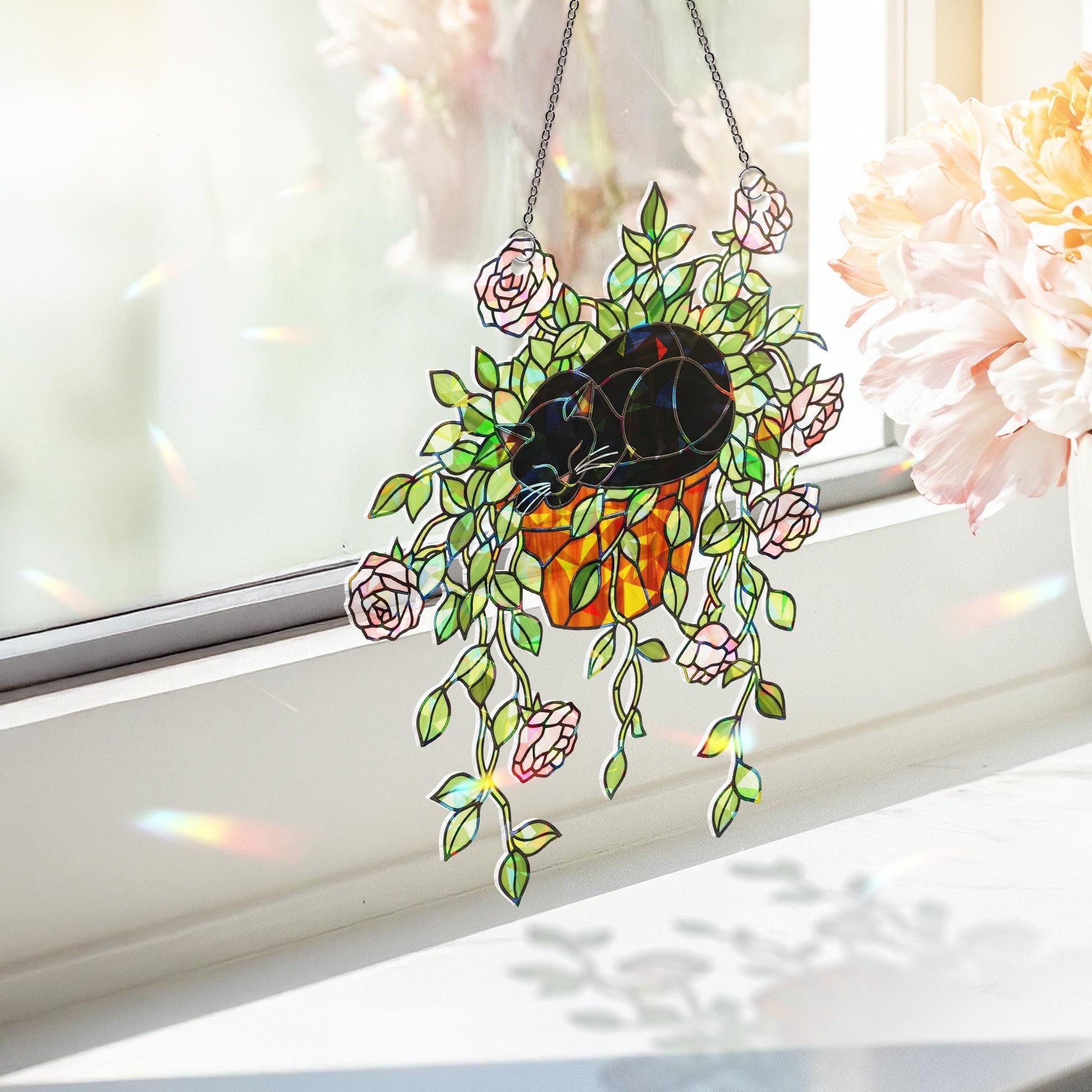 Cat & Rose Suncatcher – Holographic Acrylic Window Decor, Black Cat in Flower Pot, Romantic Cottagecore Sun Catcher Gift