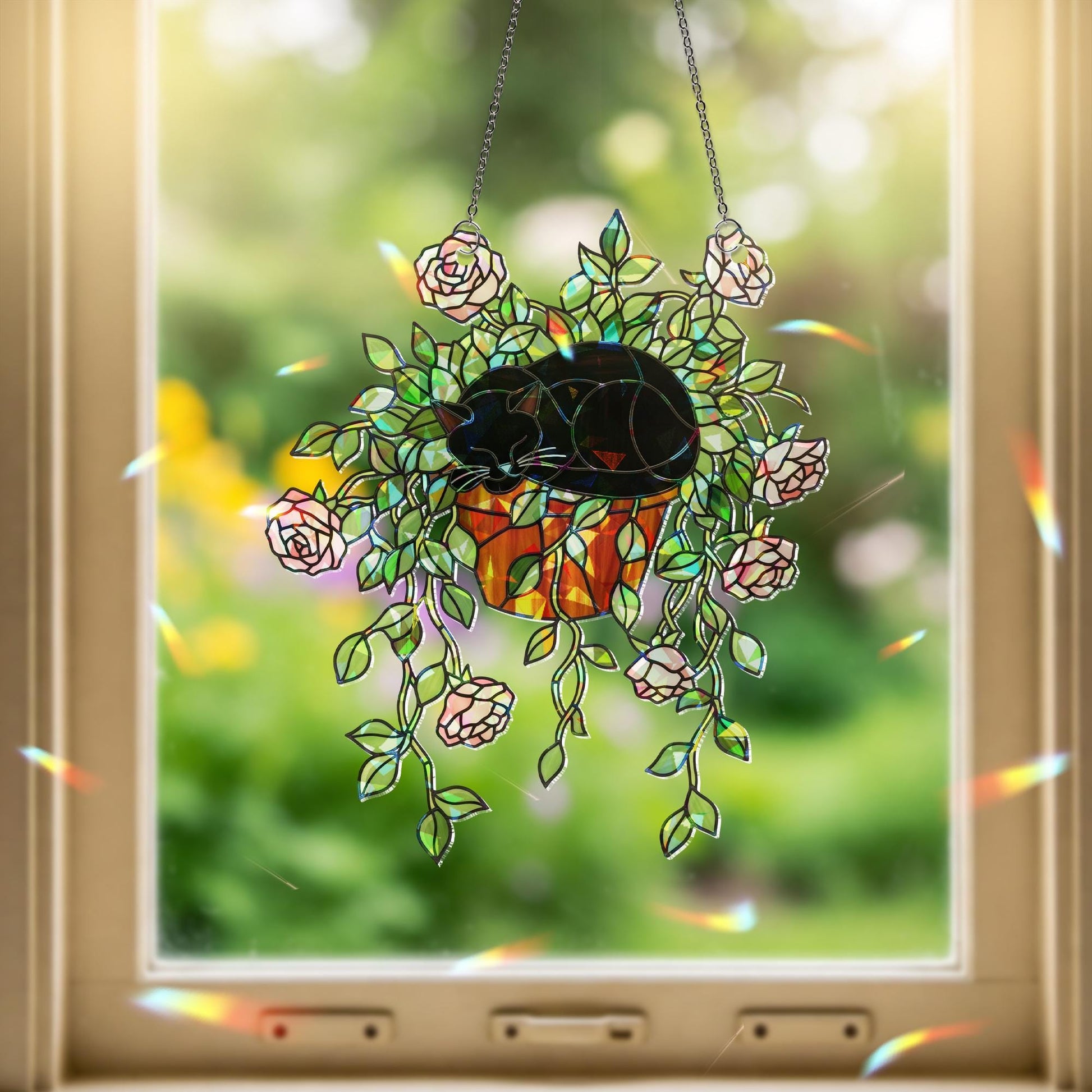 Cat & Rose Suncatcher – Holographic Acrylic Window Decor, Black Cat in Flower Pot, Romantic Cottagecore Sun Catcher Gift