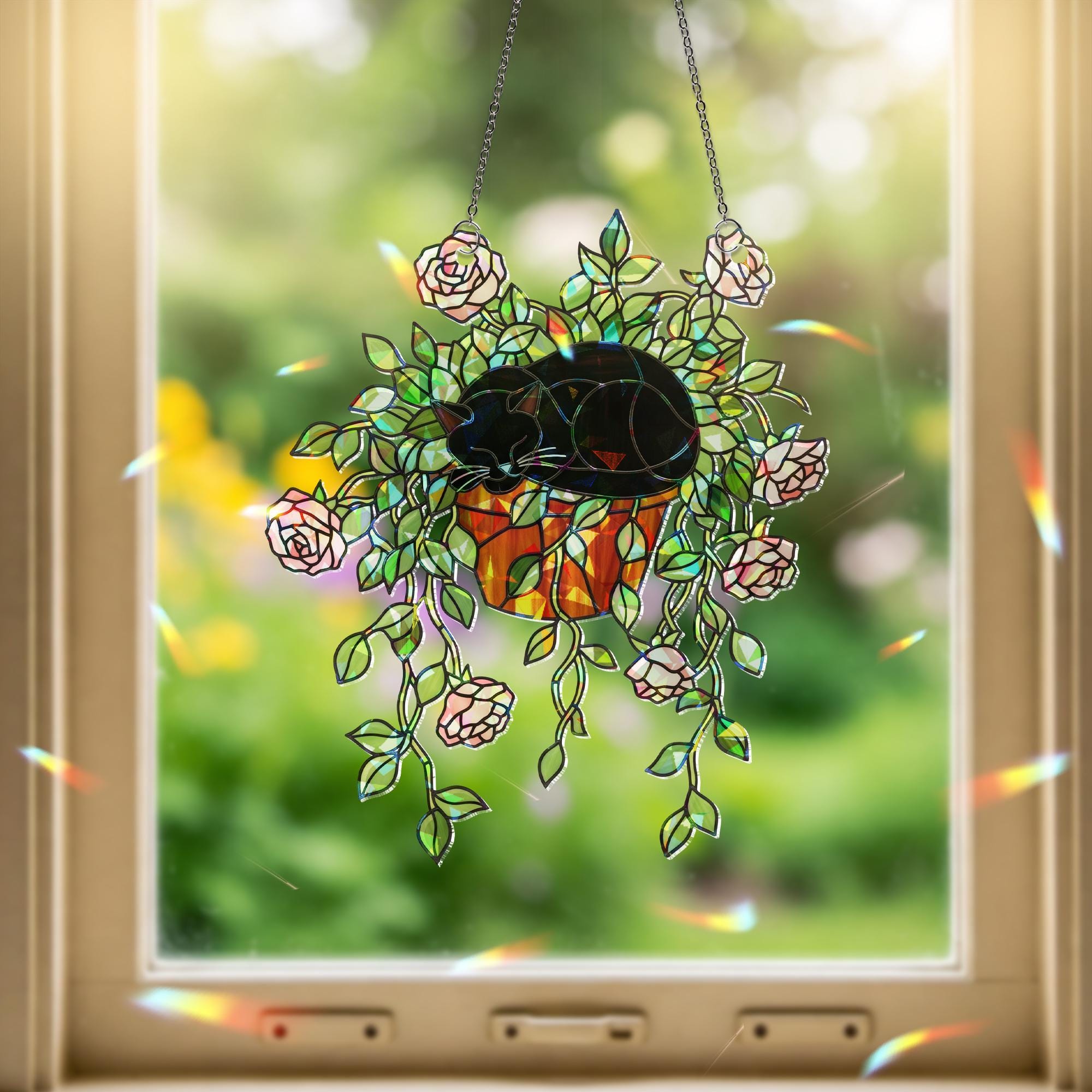 Cat & Rose Suncatcher – Holographic Acrylic Window Decor, Black Cat in Flower Pot, Romantic Cottagecore Sun Catcher Gift