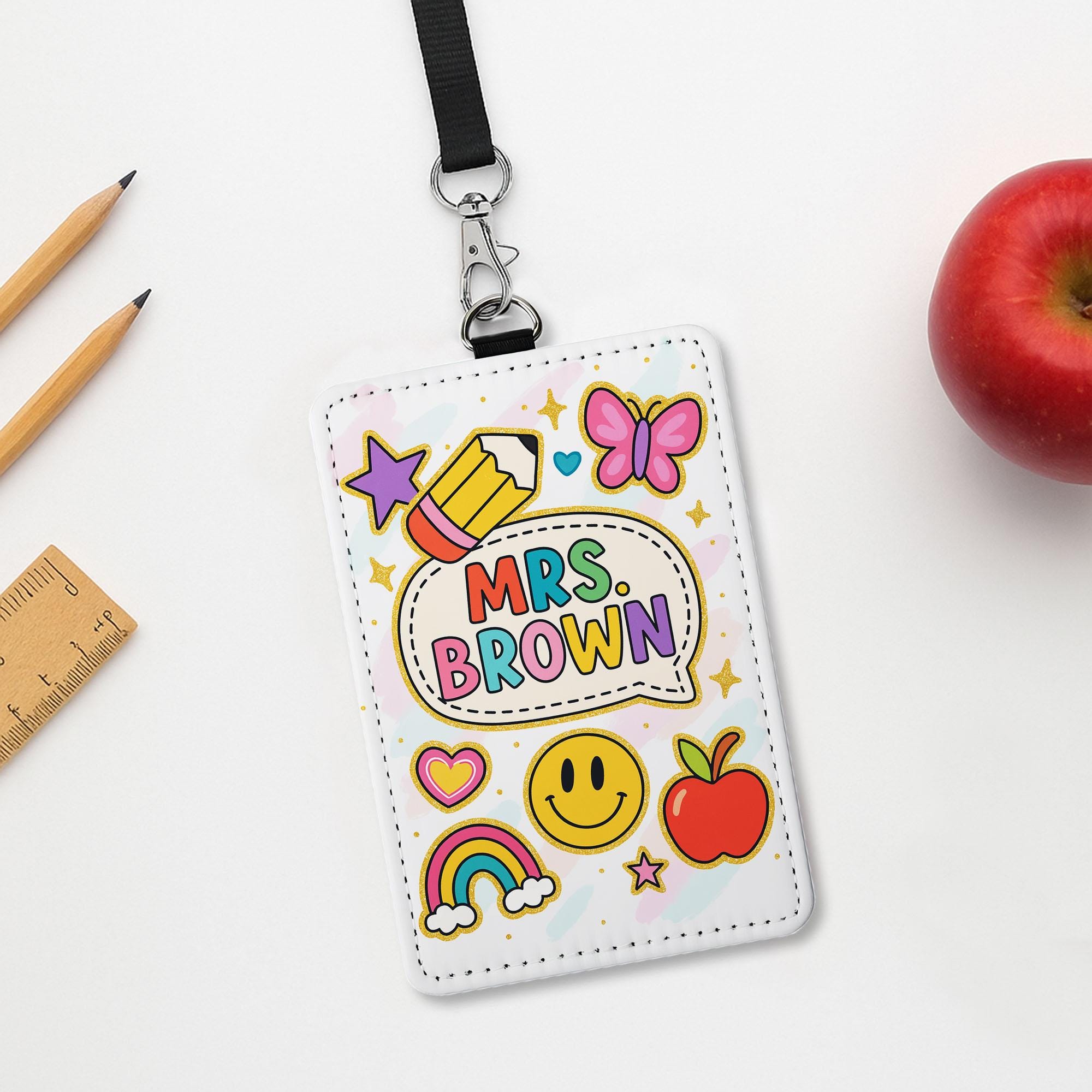 Personalized Teacher Badge Holder - Cute Rainbow & Doodle Style Name Tag, Fun Classroom ID Clip, Back to School Gift for Educators, Teachers