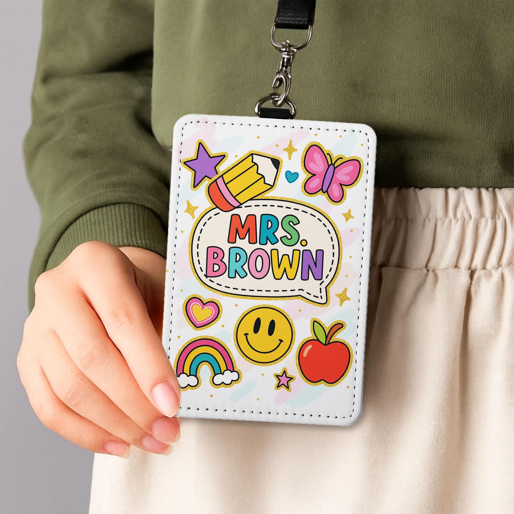 Personalized Teacher Badge Holder - Cute Rainbow & Doodle Style Name Tag, Fun Classroom ID Clip, Back to School Gift for Educators, Teachers