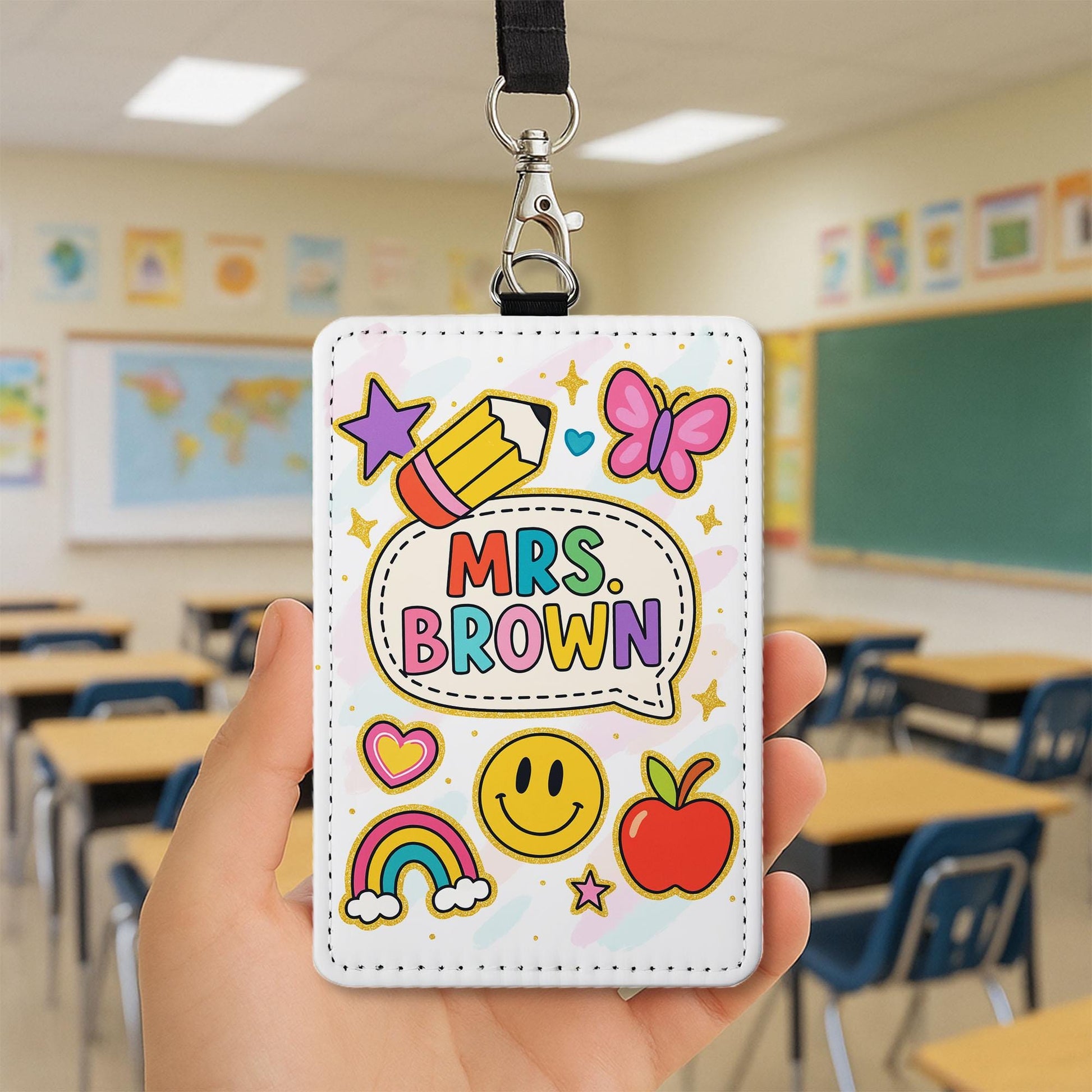 Personalized Teacher Badge Holder - Cute Rainbow & Doodle Style Name Tag, Fun Classroom ID Clip, Back to School Gift for Educators, Teachers