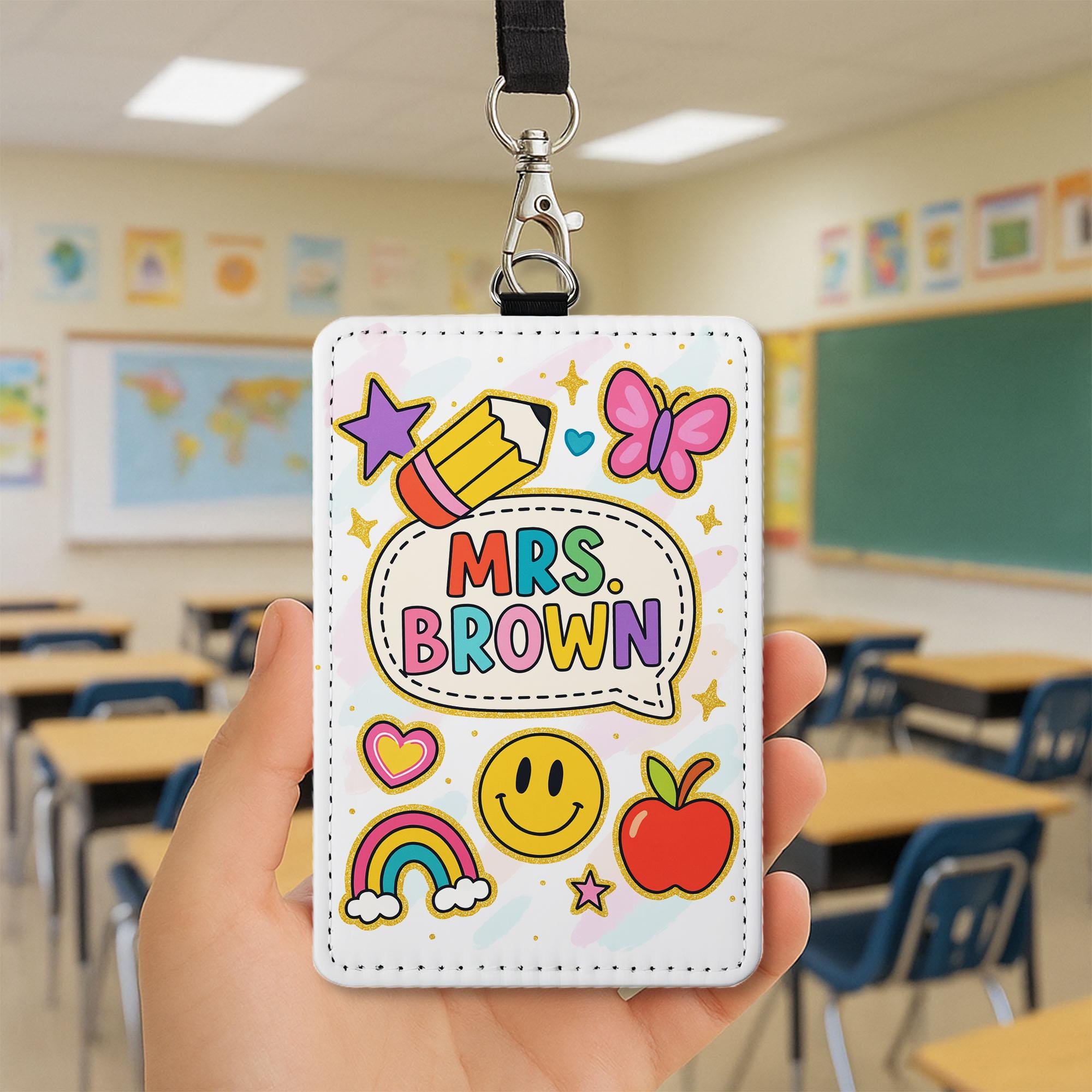 Personalized Teacher Badge Holder - Cute Rainbow & Doodle Style Name Tag, Fun Classroom ID Clip, Back to School Gift for Educators, Teachers