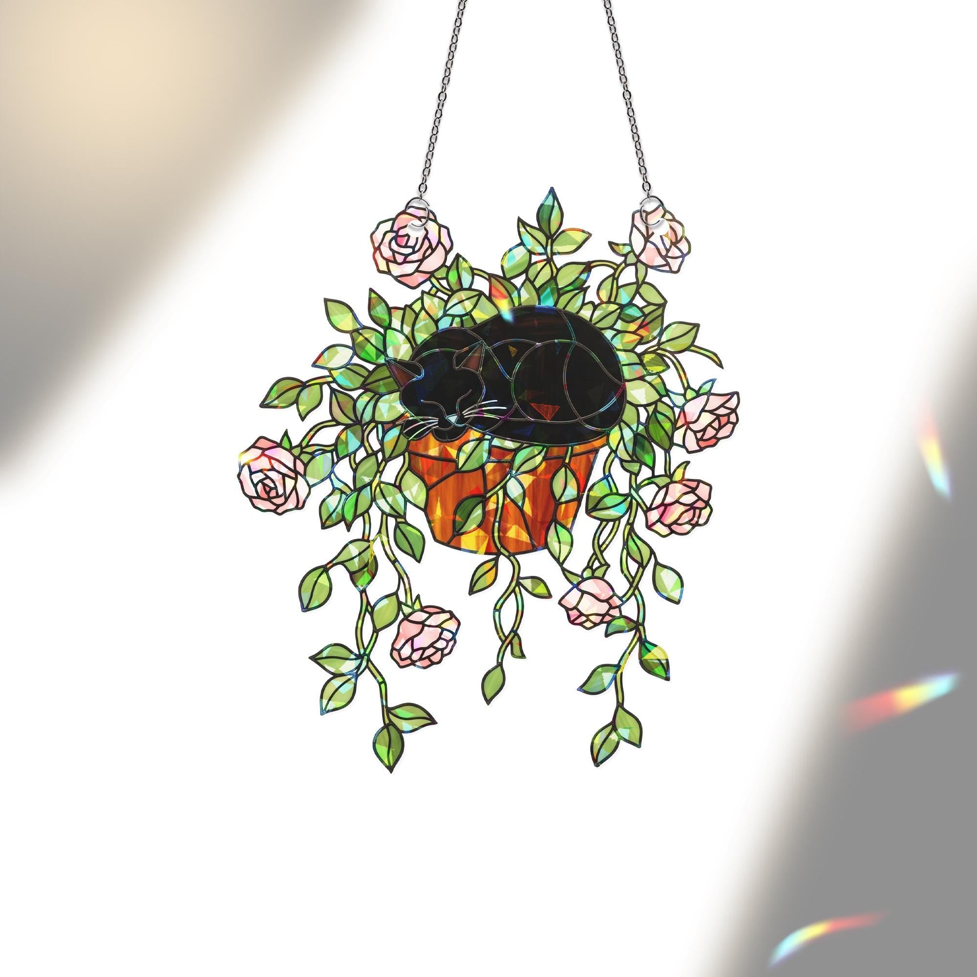Cat & Rose Suncatcher – Holographic Acrylic Window Decor, Black Cat in Flower Pot, Romantic Cottagecore Sun Catcher Gift
