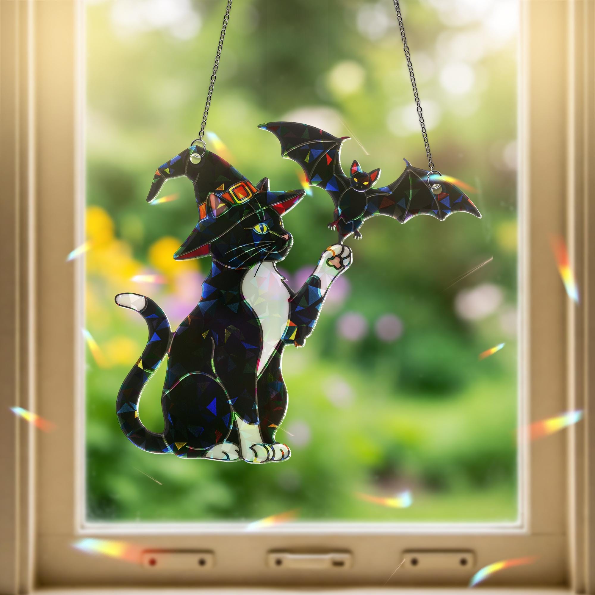Witch Cat & Bat Suncatcher – Holographic Tuxedo Cat Window Decor, Halloween Acrylic Hanging, Spooky Fall Gothic Gift