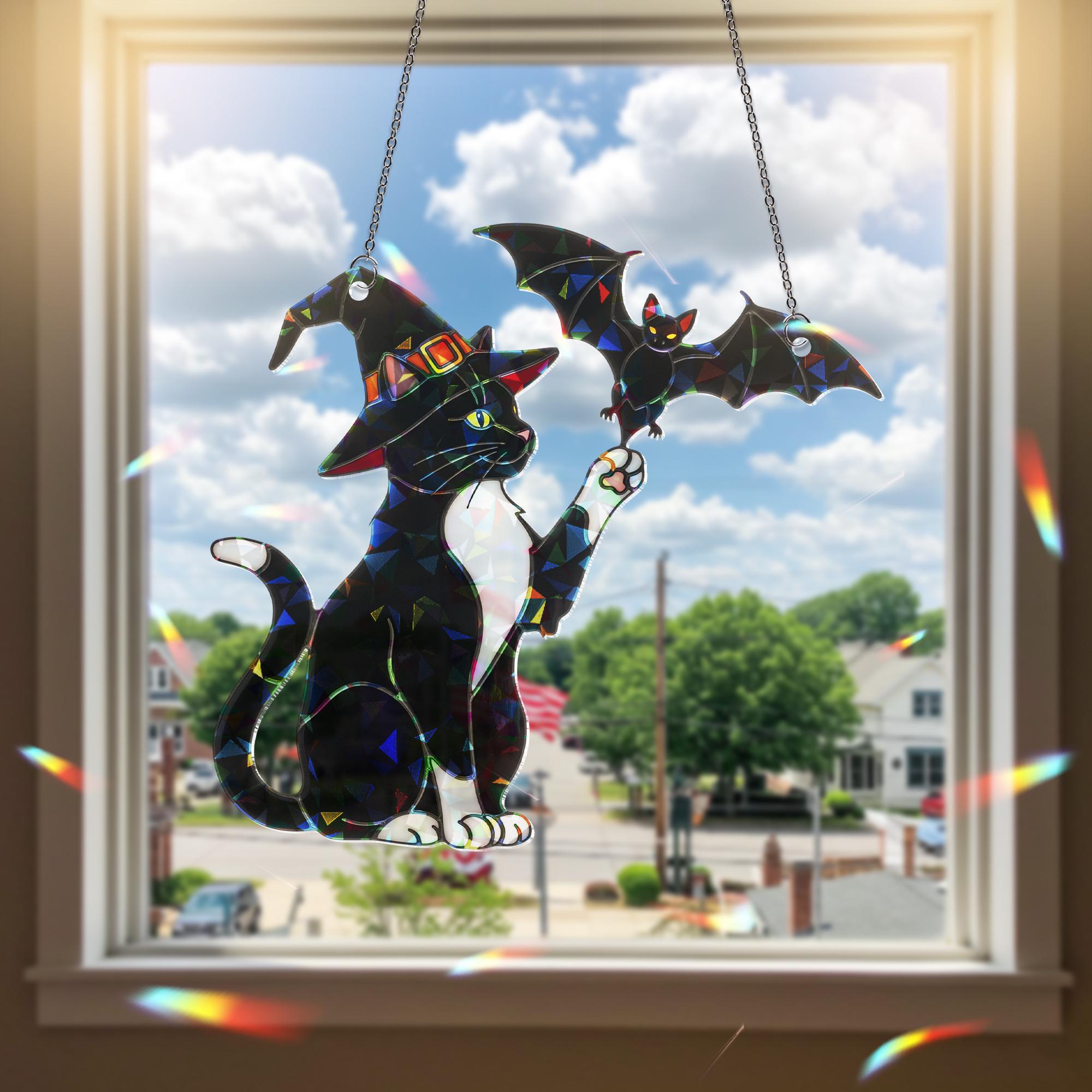 Witch Cat & Bat Suncatcher – Holographic Tuxedo Cat Window Decor, Halloween Acrylic Hanging, Spooky Fall Gothic Gift