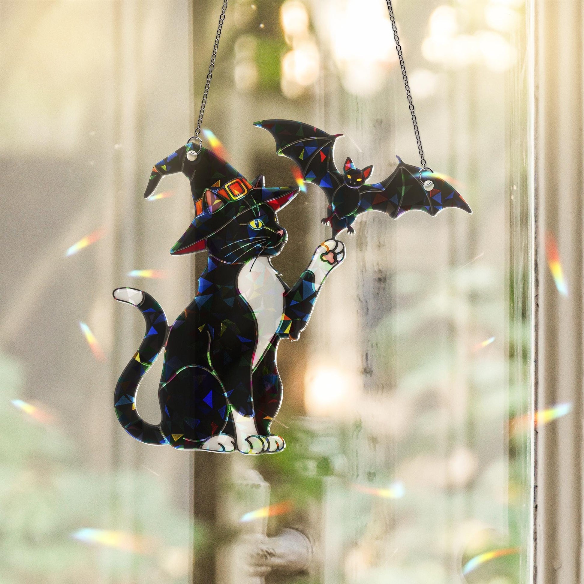 Witch Cat & Bat Suncatcher – Holographic Tuxedo Cat Window Decor, Halloween Acrylic Hanging, Spooky Fall Gothic Gift