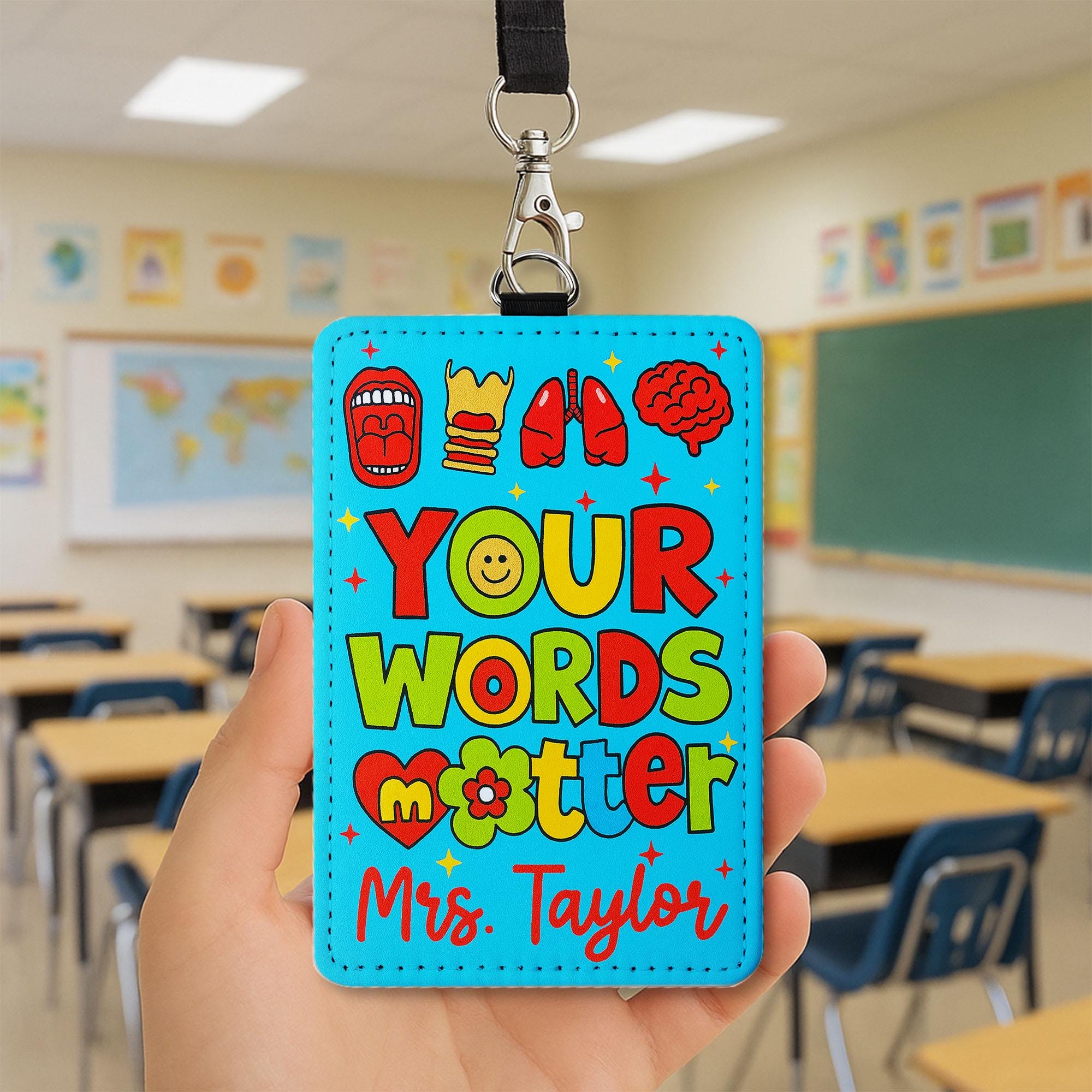 Your Words Matter Badge Holder - Personalized SLP Name Tag, Colorful Speech Therapist ID Clip, Back to School Gift for Teachers, Educators