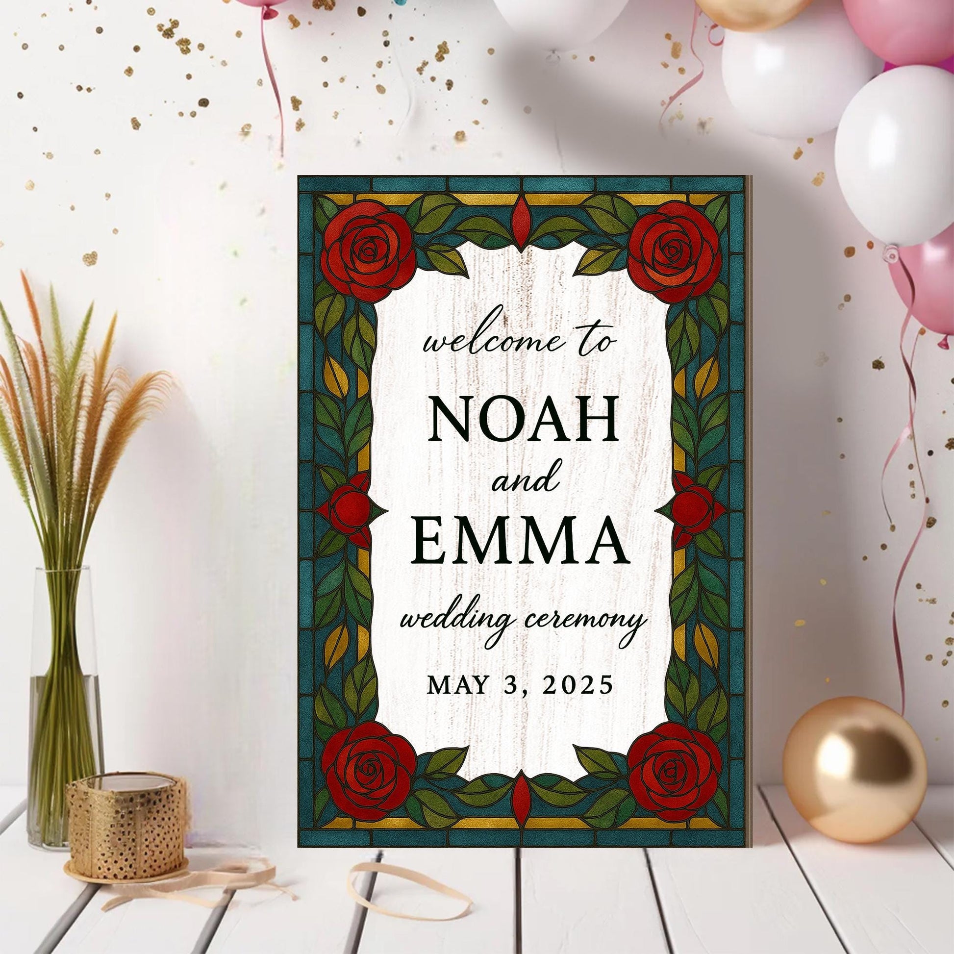 Custom Wedding Welcome Sign – Rustic Red Rose Ceremony Sign, Personalized Faux Stained Glass Style Wedding Decor, Elegant Couple Name sign