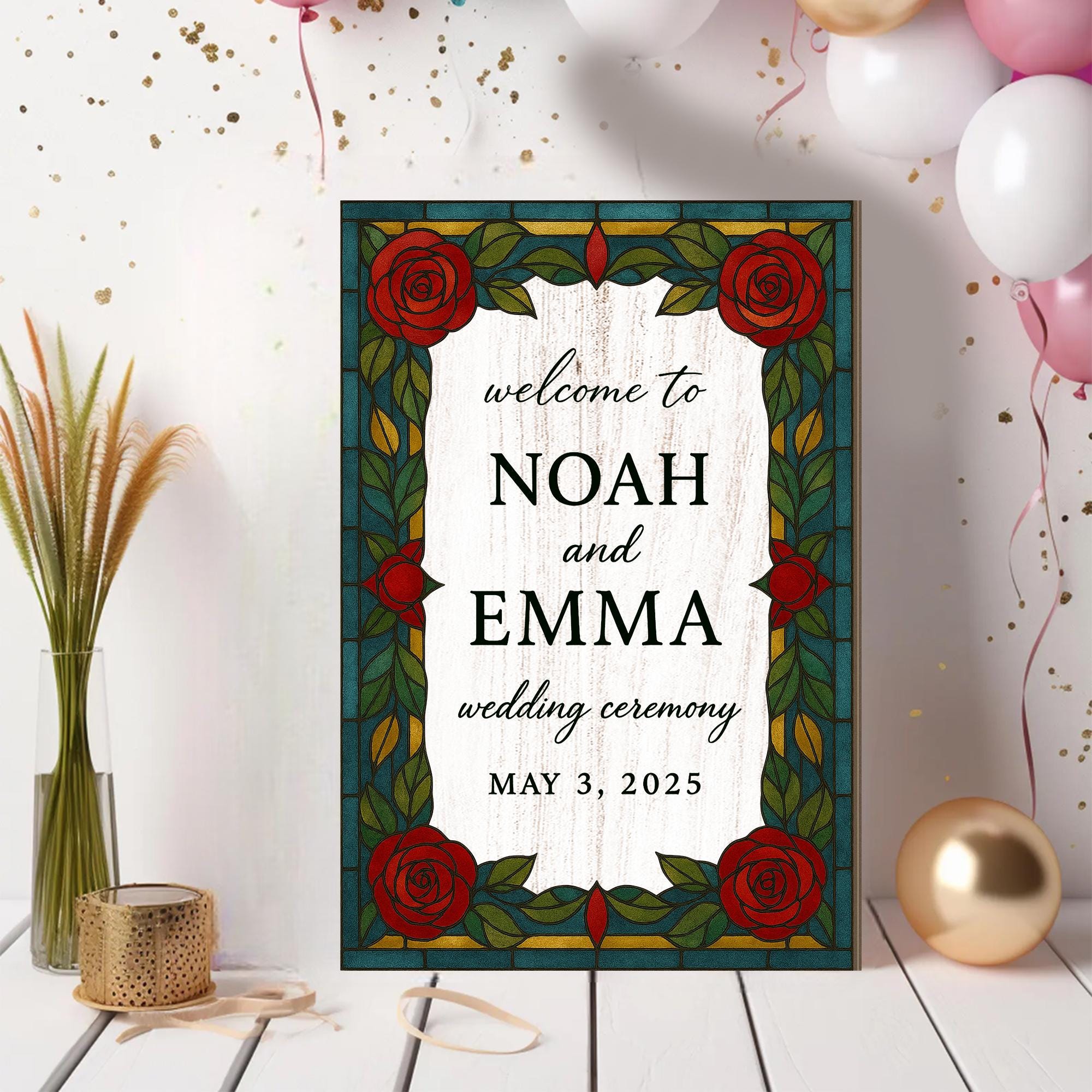 Custom Wedding Welcome Sign – Rustic Red Rose Ceremony Sign, Personalized Faux Stained Glass Style Wedding Decor, Elegant Couple Name sign