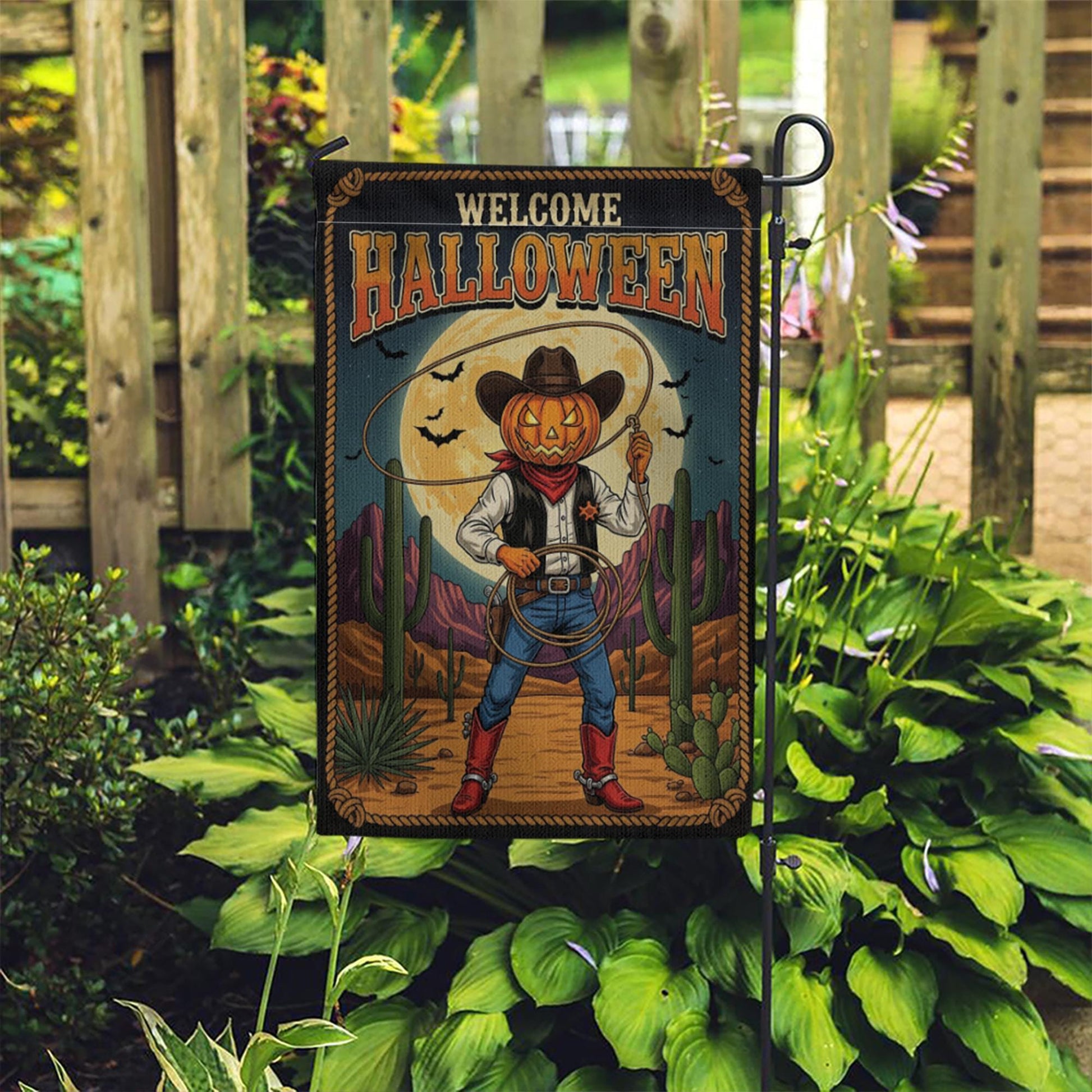 Welcome Halloween Garden Flag | Western Pumpkin Cowboy Yard Banner | Fall Outdoor Rustic Decor | Spooky Southwestern Sign