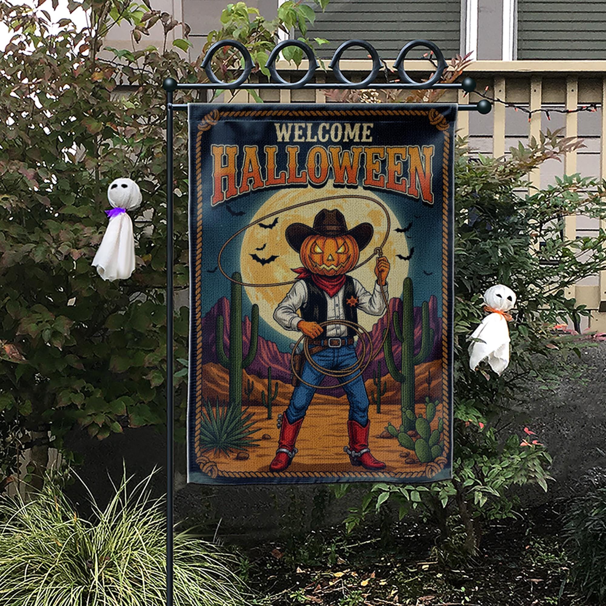 Welcome Halloween Garden Flag | Western Pumpkin Cowboy Yard Banner | Fall Outdoor Rustic Decor | Spooky Southwestern Sign