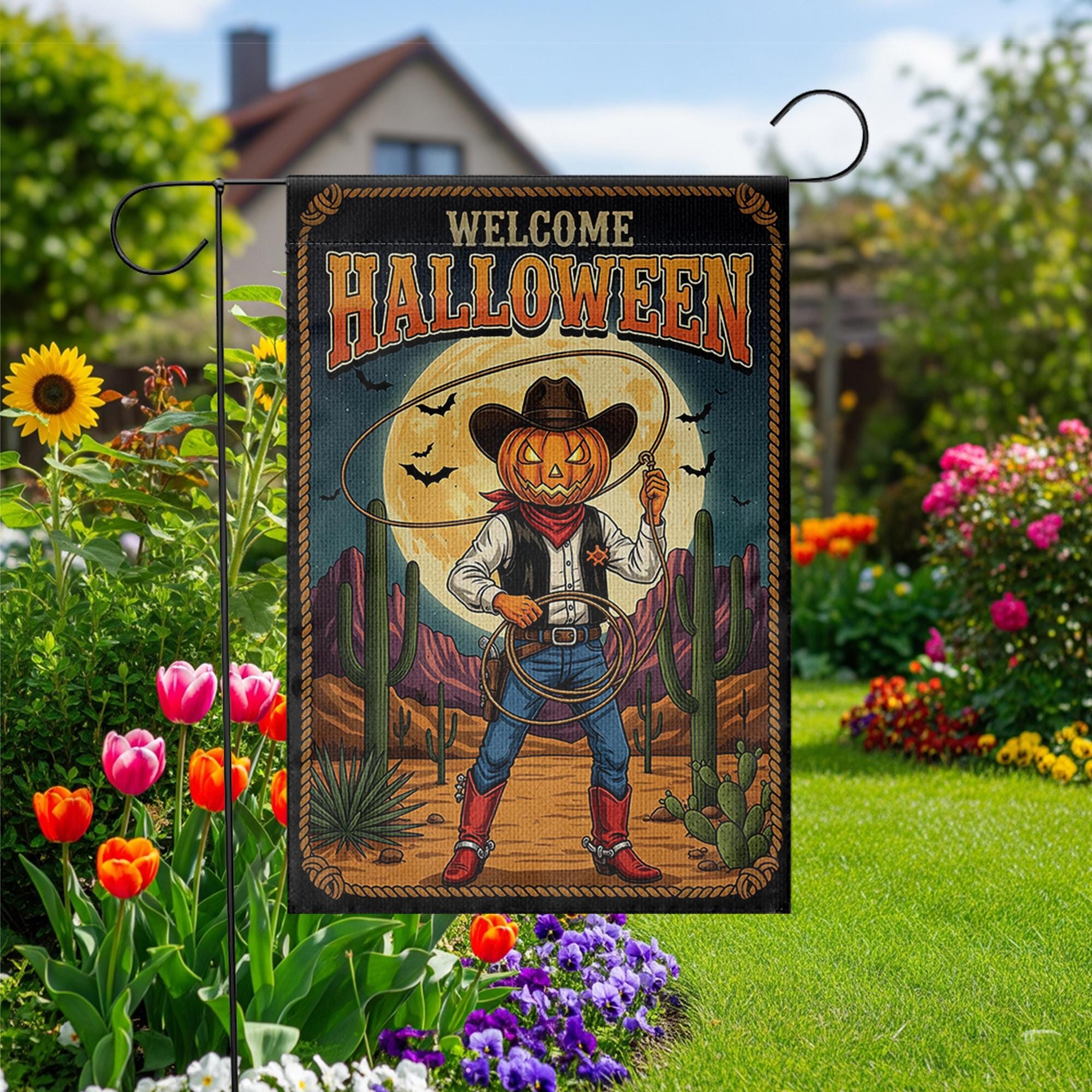 Welcome Halloween Garden Flag | Western Pumpkin Cowboy Yard Banner | Fall Outdoor Rustic Decor | Spooky Southwestern Sign