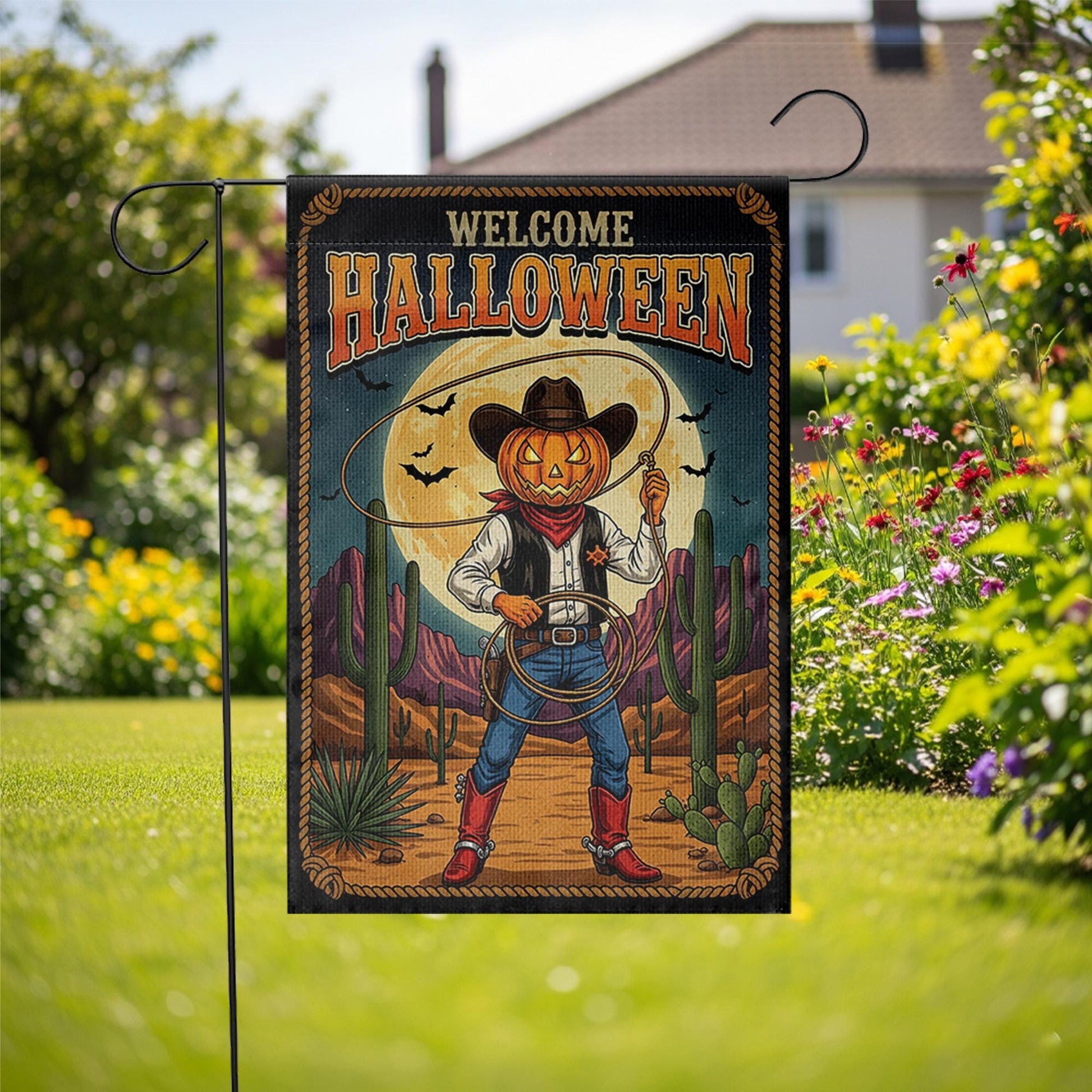 Welcome Halloween Garden Flag | Western Pumpkin Cowboy Yard Banner | Fall Outdoor Rustic Decor | Spooky Southwestern Sign
