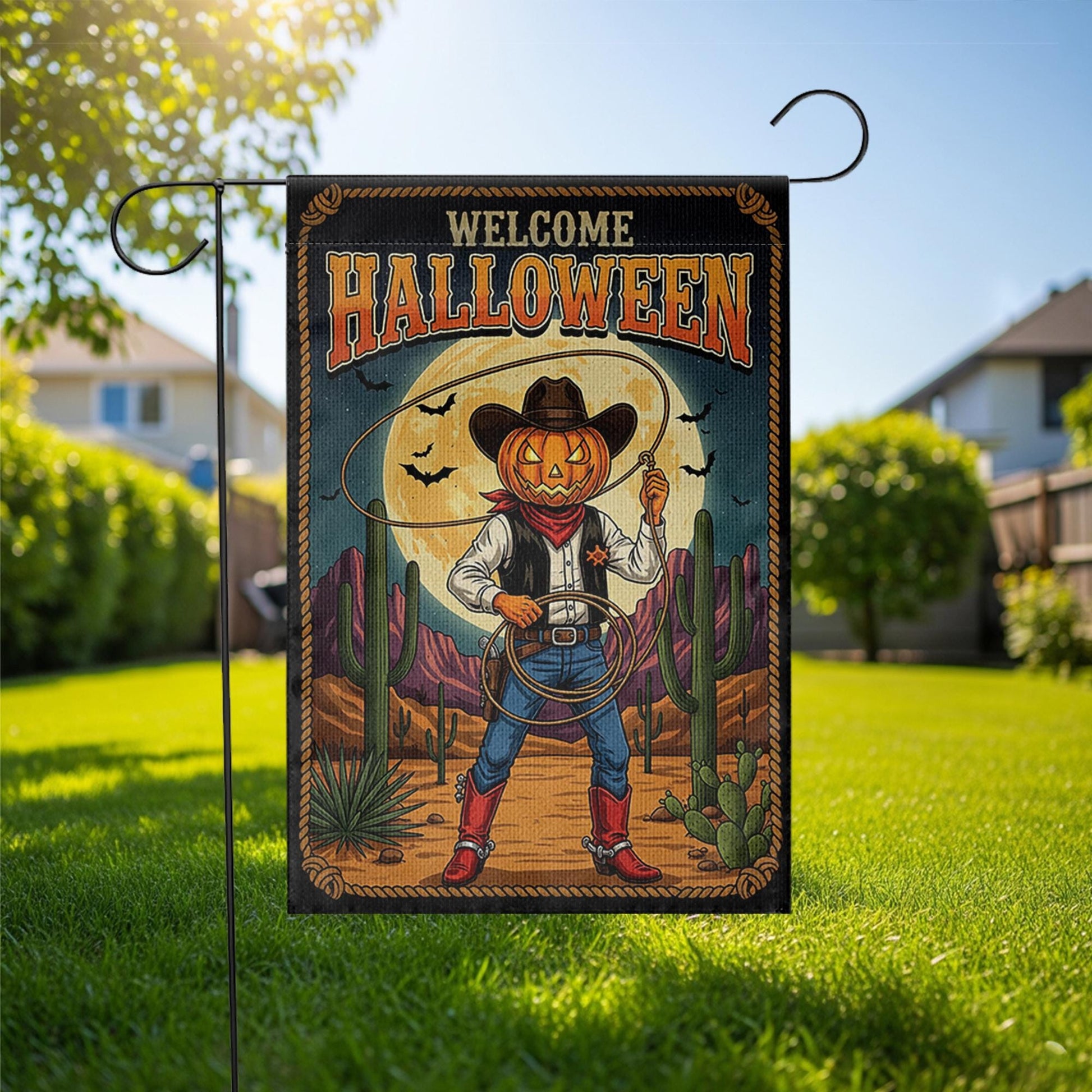 Welcome Halloween Garden Flag | Western Pumpkin Cowboy Yard Banner | Fall Outdoor Rustic Decor | Spooky Southwestern Sign