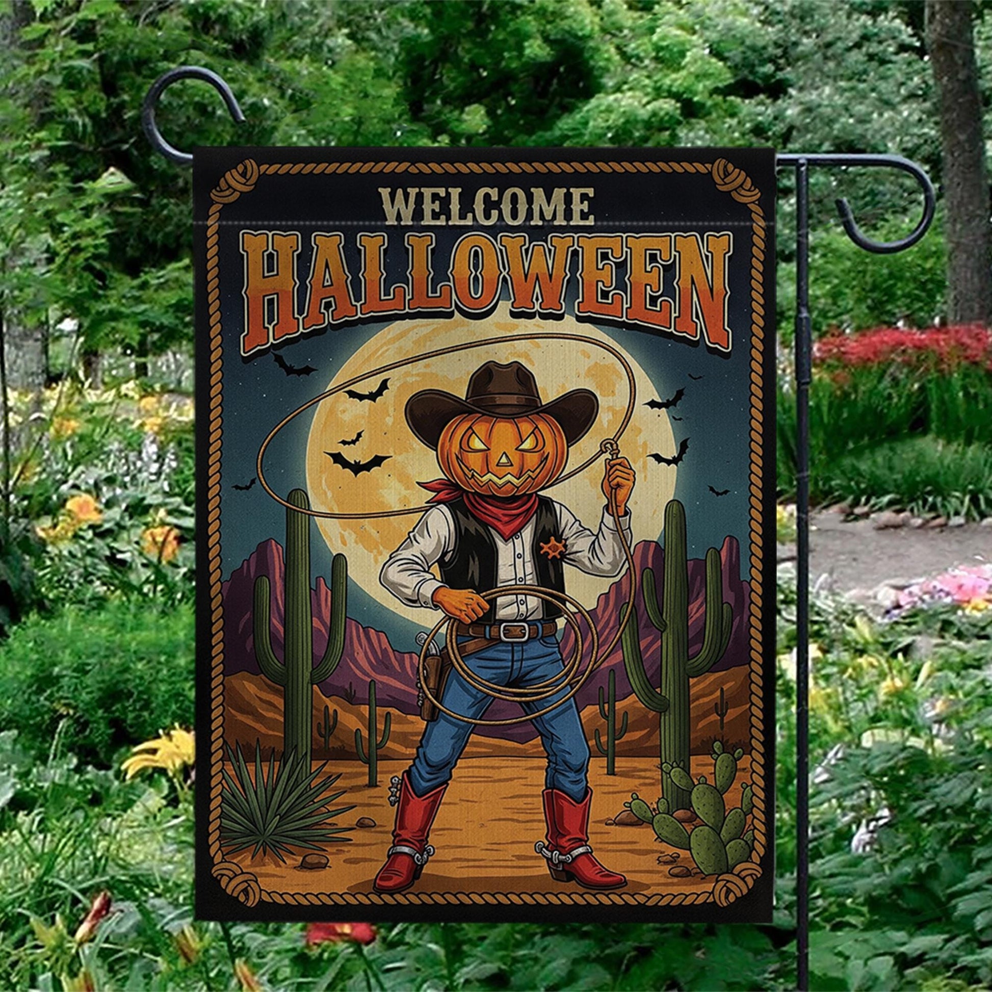 Welcome Halloween Garden Flag | Western Pumpkin Cowboy Yard Banner | Fall Outdoor Rustic Decor | Spooky Southwestern Sign