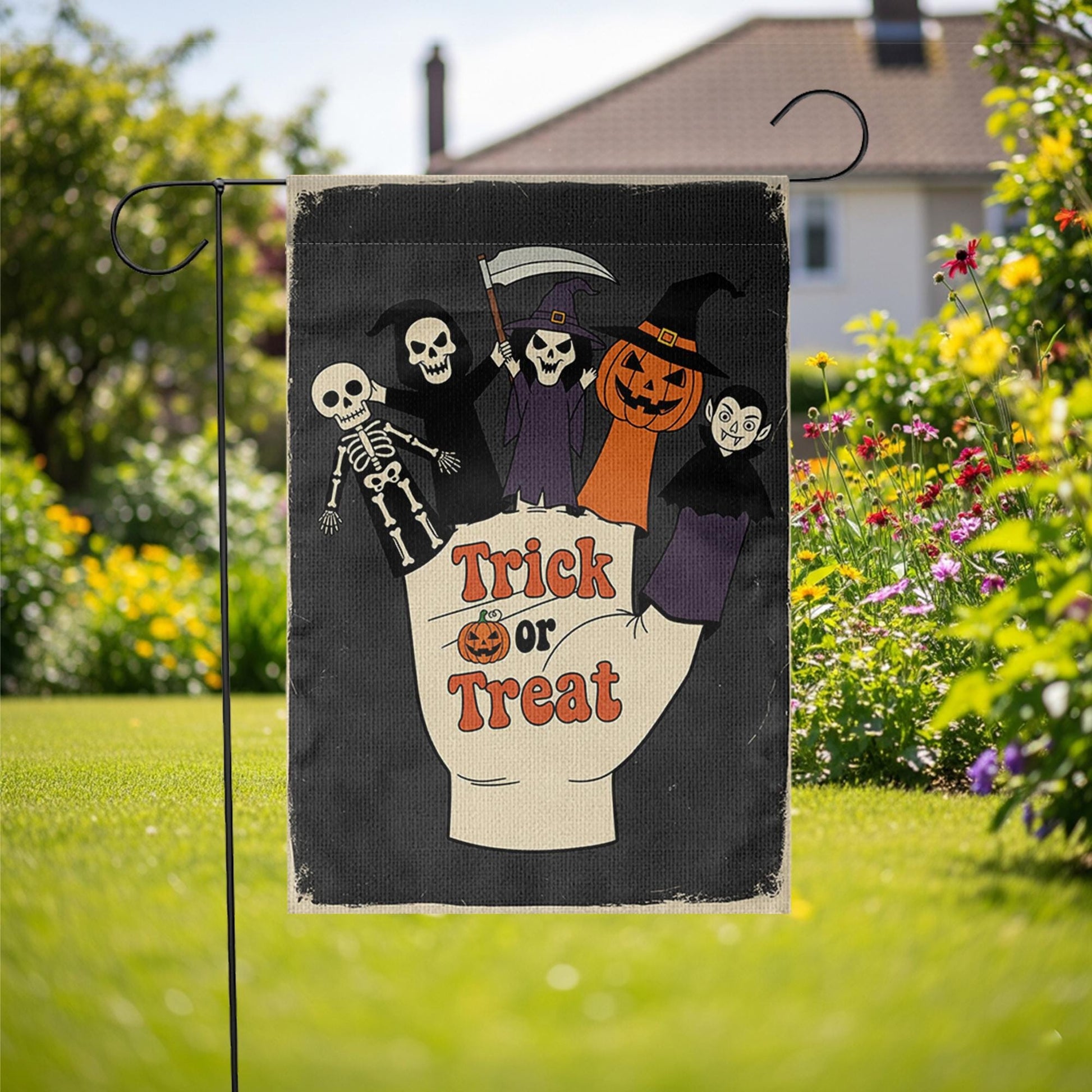 Trick or Treat Garden Flag | Halloween Finger Puppets Yard Banner | Cute Spooky Outdoor Fall Decor | Skeleton Witch Vampire Sign