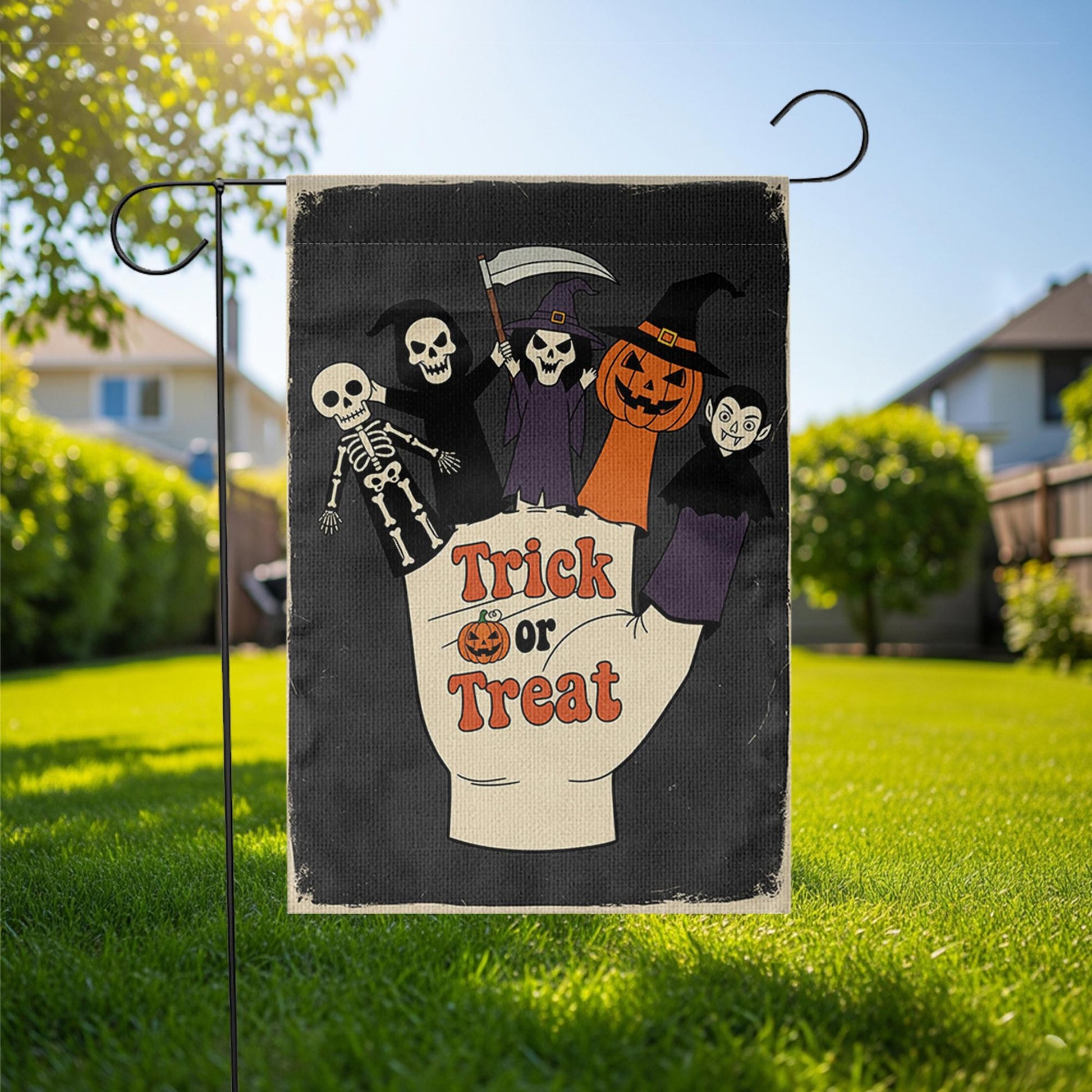 Trick or Treat Garden Flag | Halloween Finger Puppets Yard Banner | Cute Spooky Outdoor Fall Decor | Skeleton Witch Vampire Sign