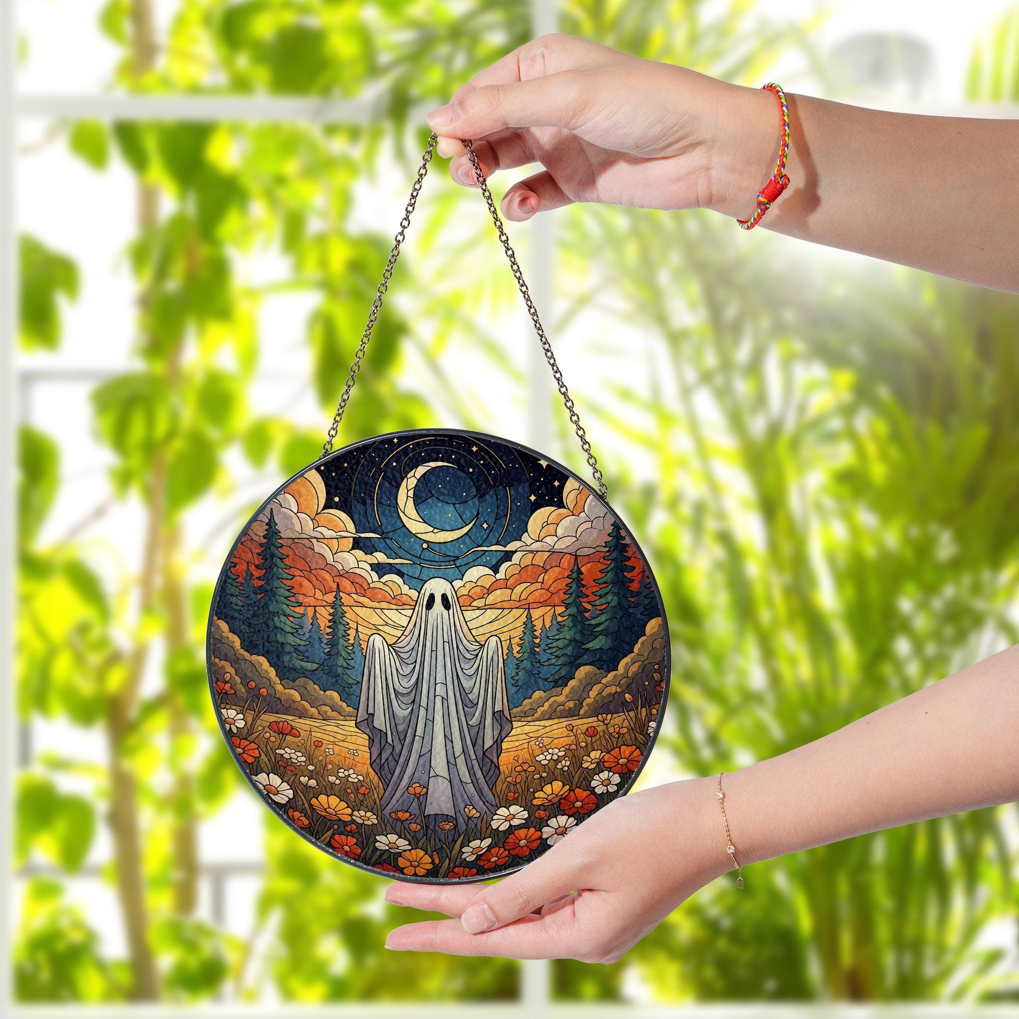 Ghost Forest glass Suncatcher – Glass Window Art with Moon & Wildflowers, Mystical Cottagecore Decor, Spooky Boho Halloween Gift