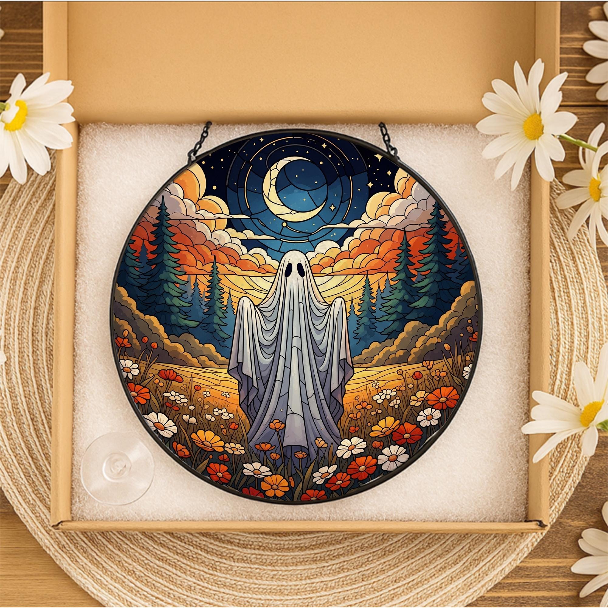 Ghost Forest glass Suncatcher – Glass Window Art with Moon & Wildflowers, Mystical Cottagecore Decor, Spooky Boho Halloween Gift