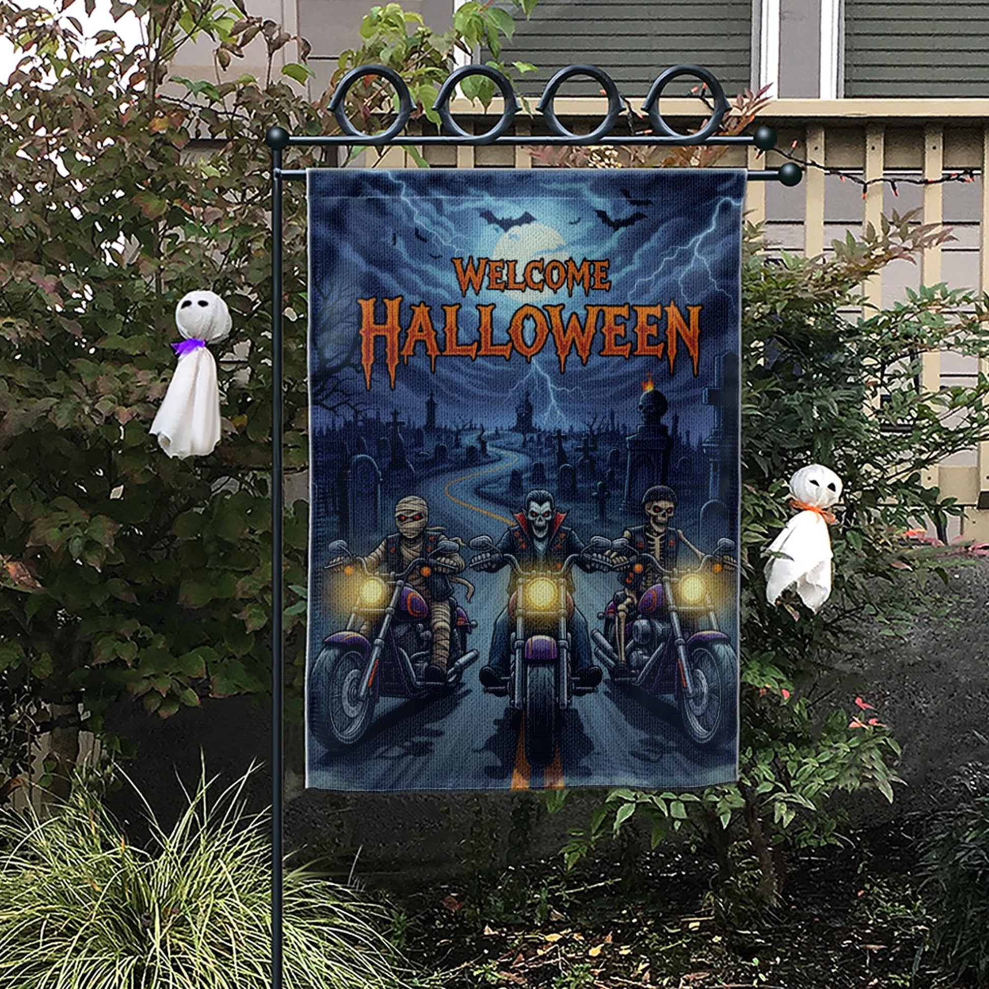 Welcome Halloween Garden Flag | Spooky Biker Vampire Skeleton Yard Banner | Motorcycle Horror Outdoor Decor | Haunted Fall Sign