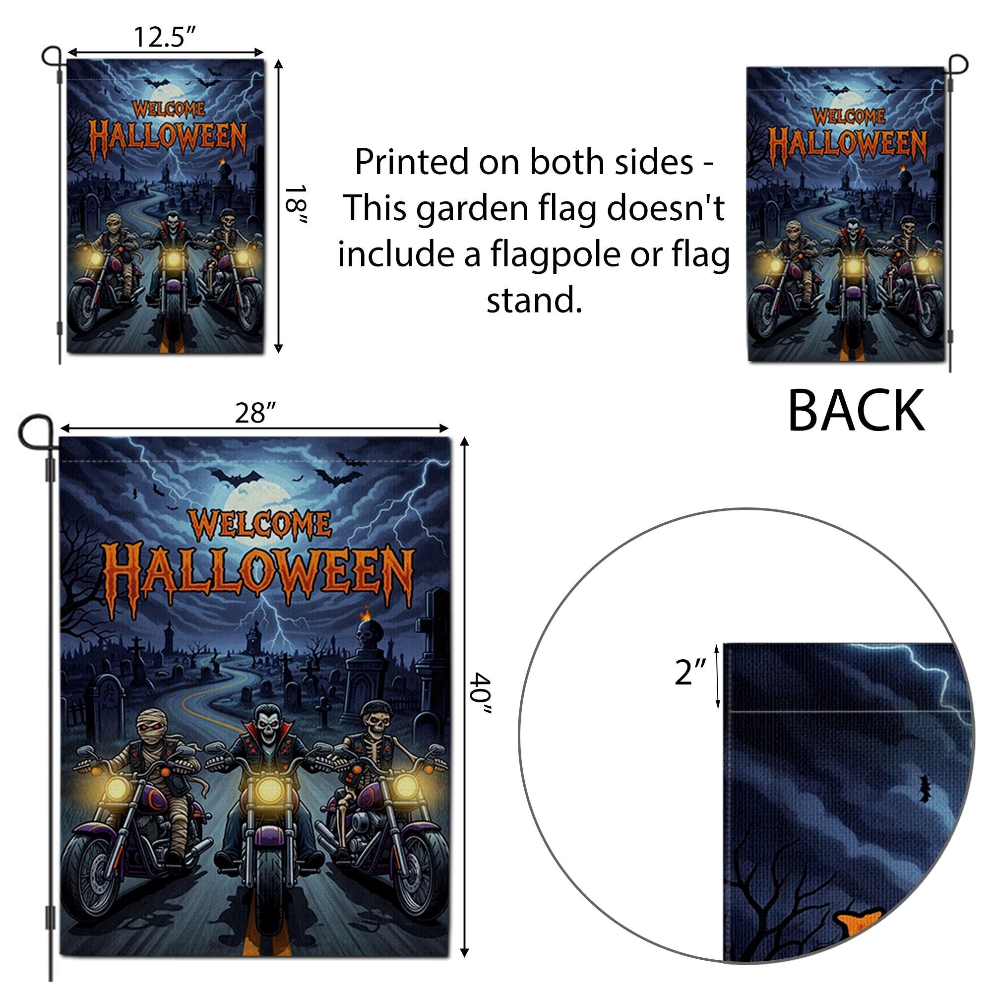 Welcome Halloween Garden Flag | Spooky Biker Vampire Skeleton Yard Banner | Motorcycle Horror Outdoor Decor | Haunted Fall Sign
