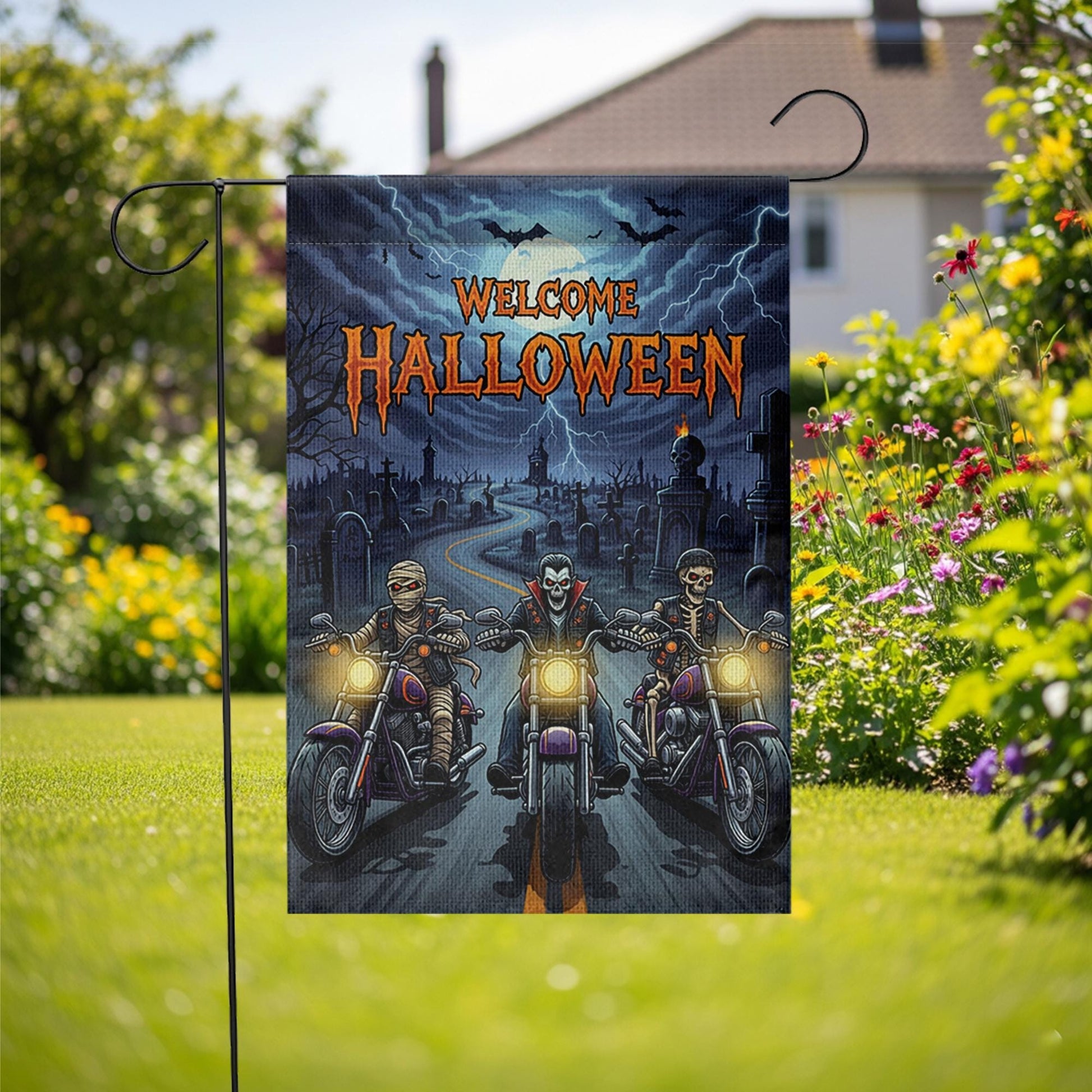 Welcome Halloween Garden Flag | Spooky Biker Vampire Skeleton Yard Banner | Motorcycle Horror Outdoor Decor | Haunted Fall Sign
