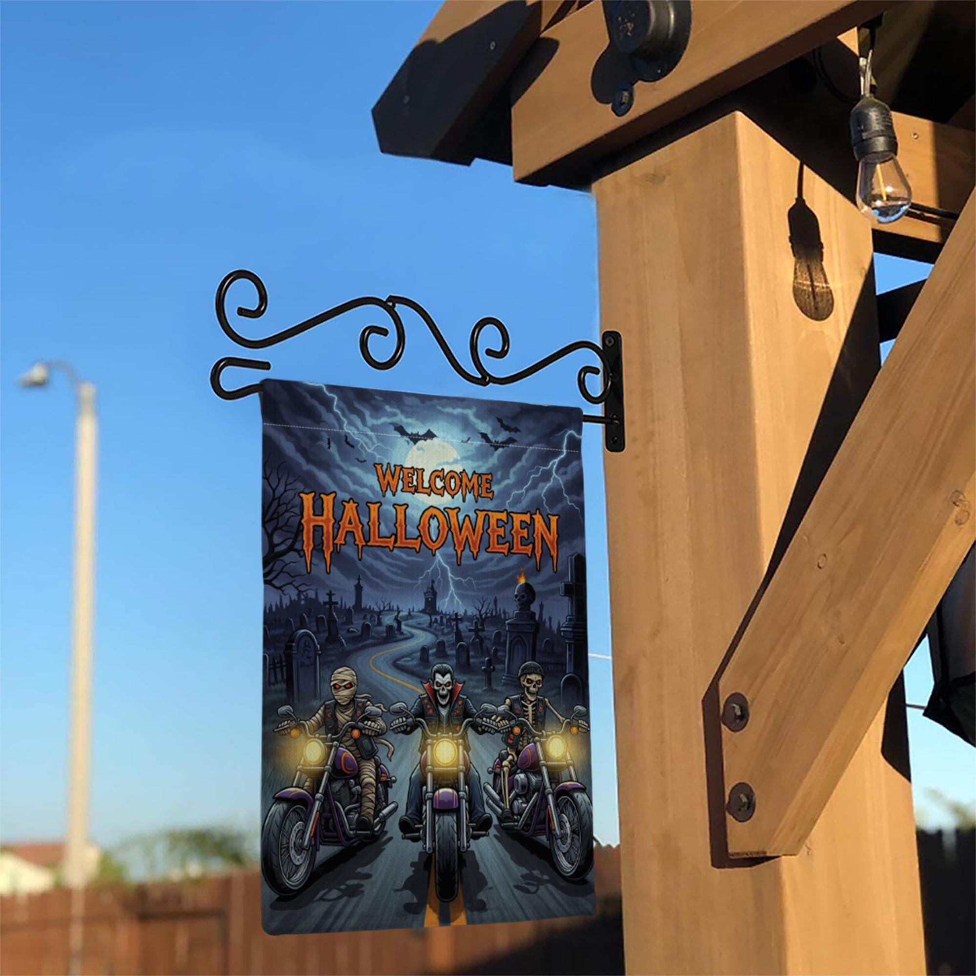 Welcome Halloween Garden Flag | Spooky Biker Vampire Skeleton Yard Banner | Motorcycle Horror Outdoor Decor | Haunted Fall Sign