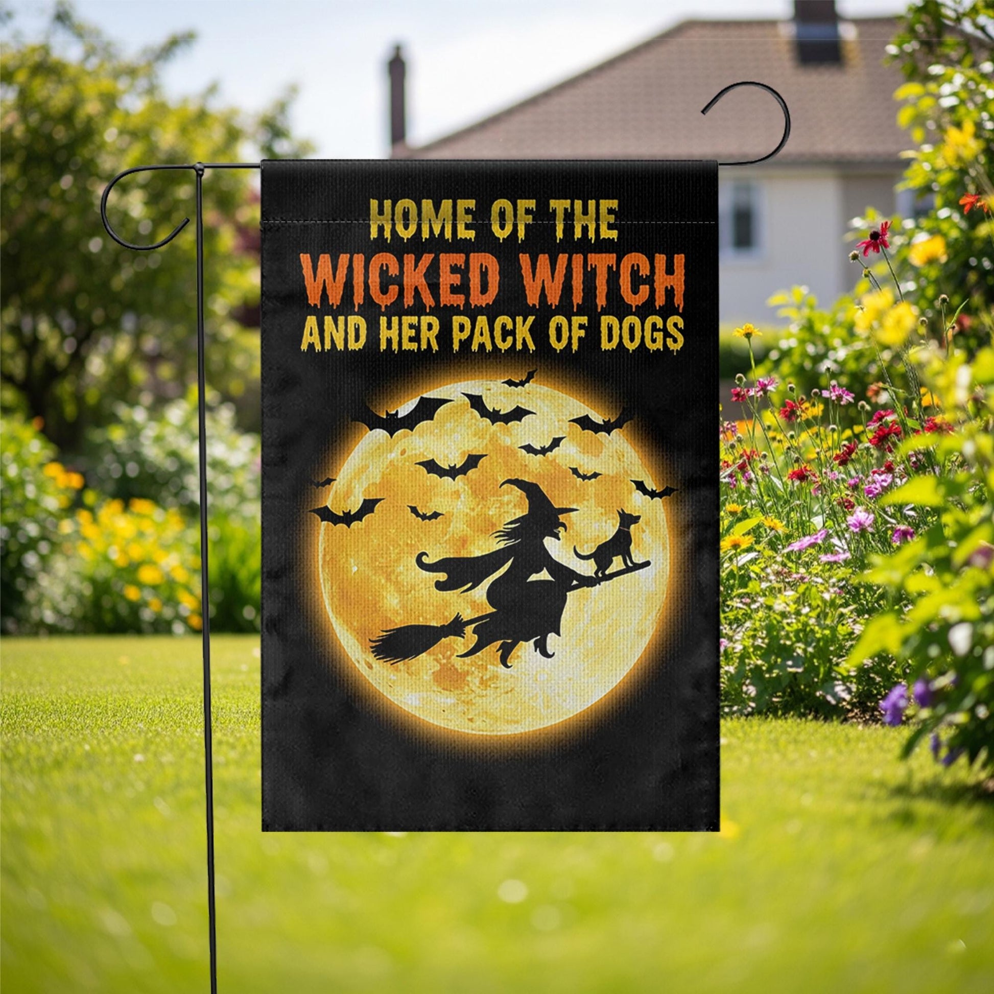 Wicked Witch Dog Pack Garden Flag | Halloween Moon Yard Banner | Spooky Dog Lover Outdoor Decor | Funny Fall Witch Sign