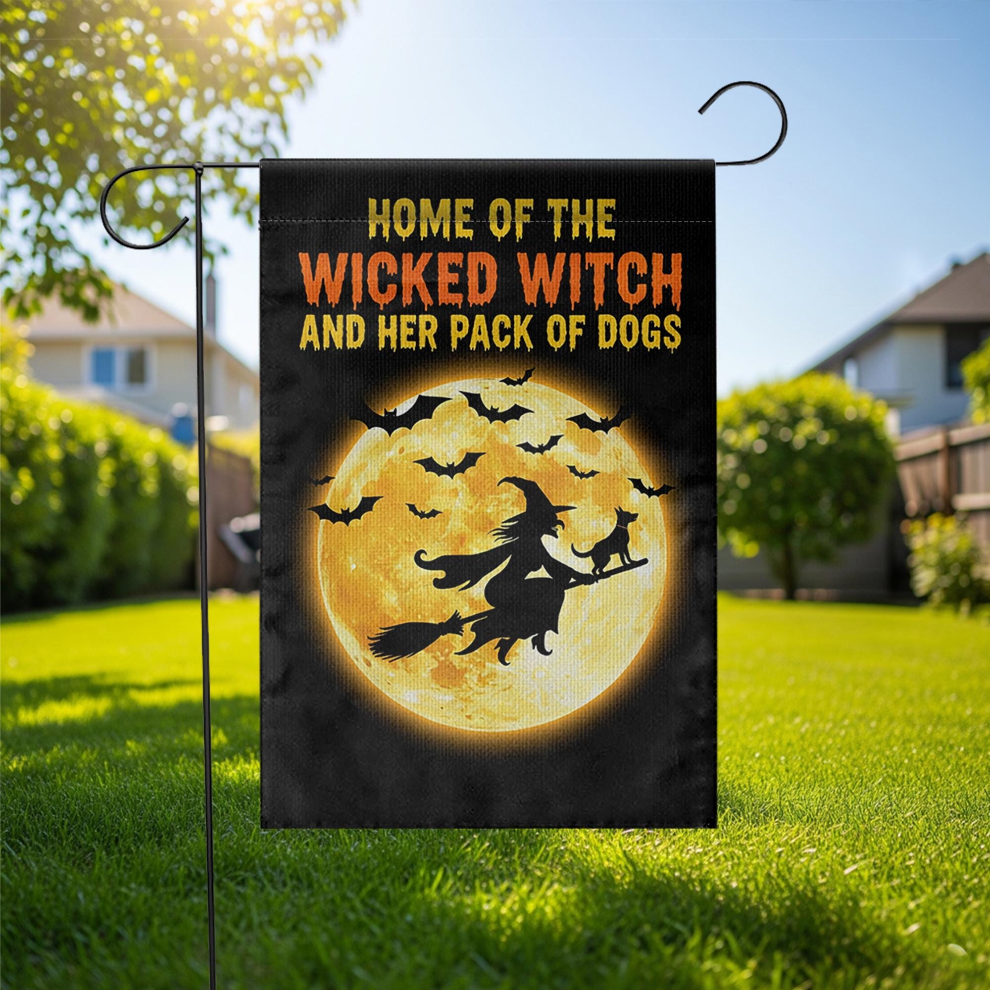 Wicked Witch Dog Pack Garden Flag | Halloween Moon Yard Banner | Spooky Dog Lover Outdoor Decor | Funny Fall Witch Sign