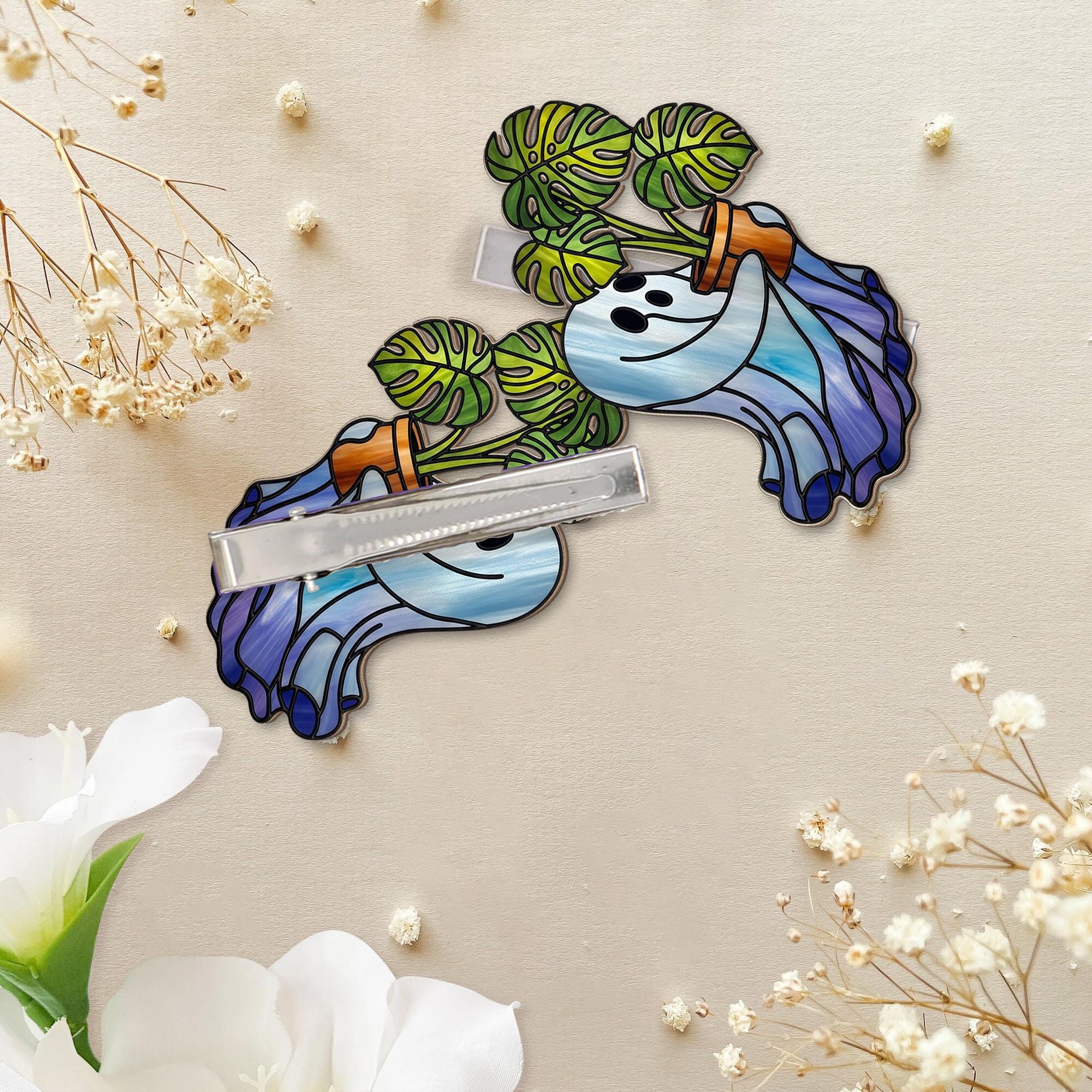 Ghost Plant Hair Clip – Cute Monstera Stained Glass Style Barrette, Spooky Cottagecore Hair Accessory for Plant Lovers