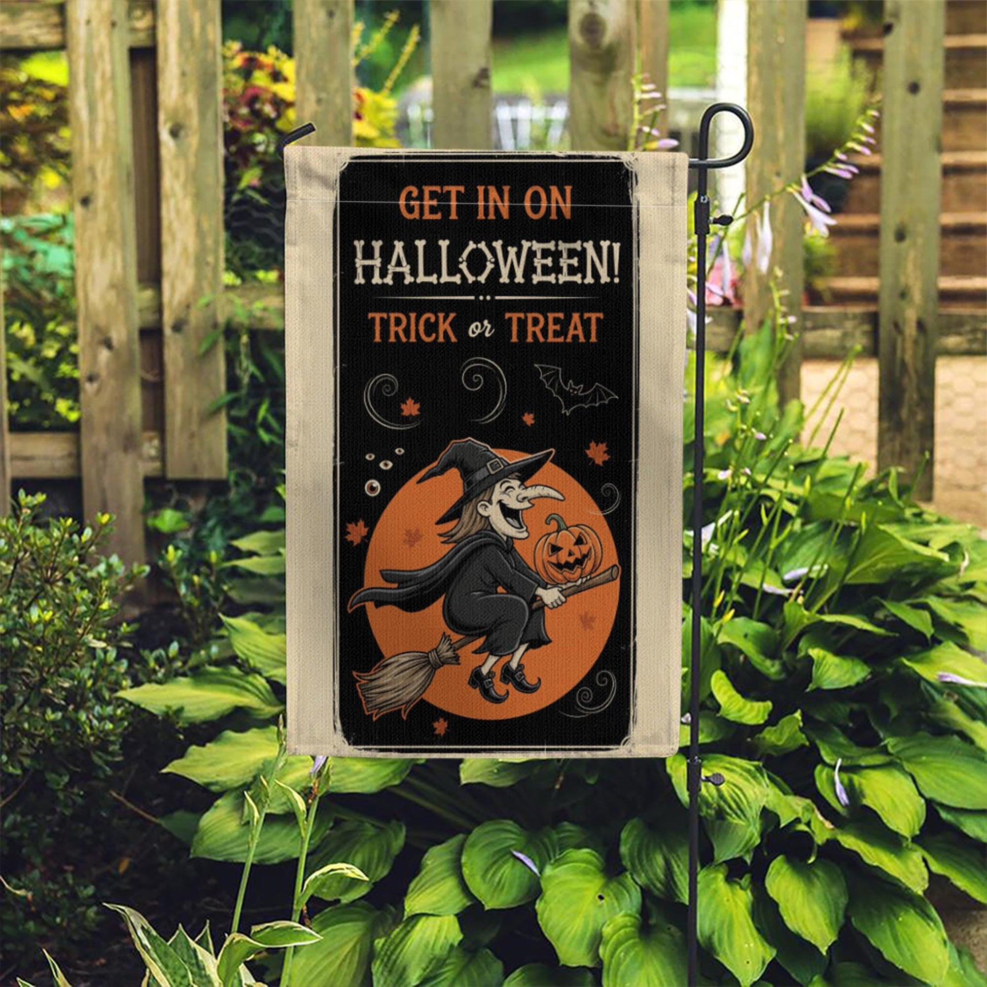 Get In On Halloween Garden Flag | Flying Witch Trick or Treat Yard Banner | Spooky Fall Outdoor Decor | Pumpkin Witch Sign