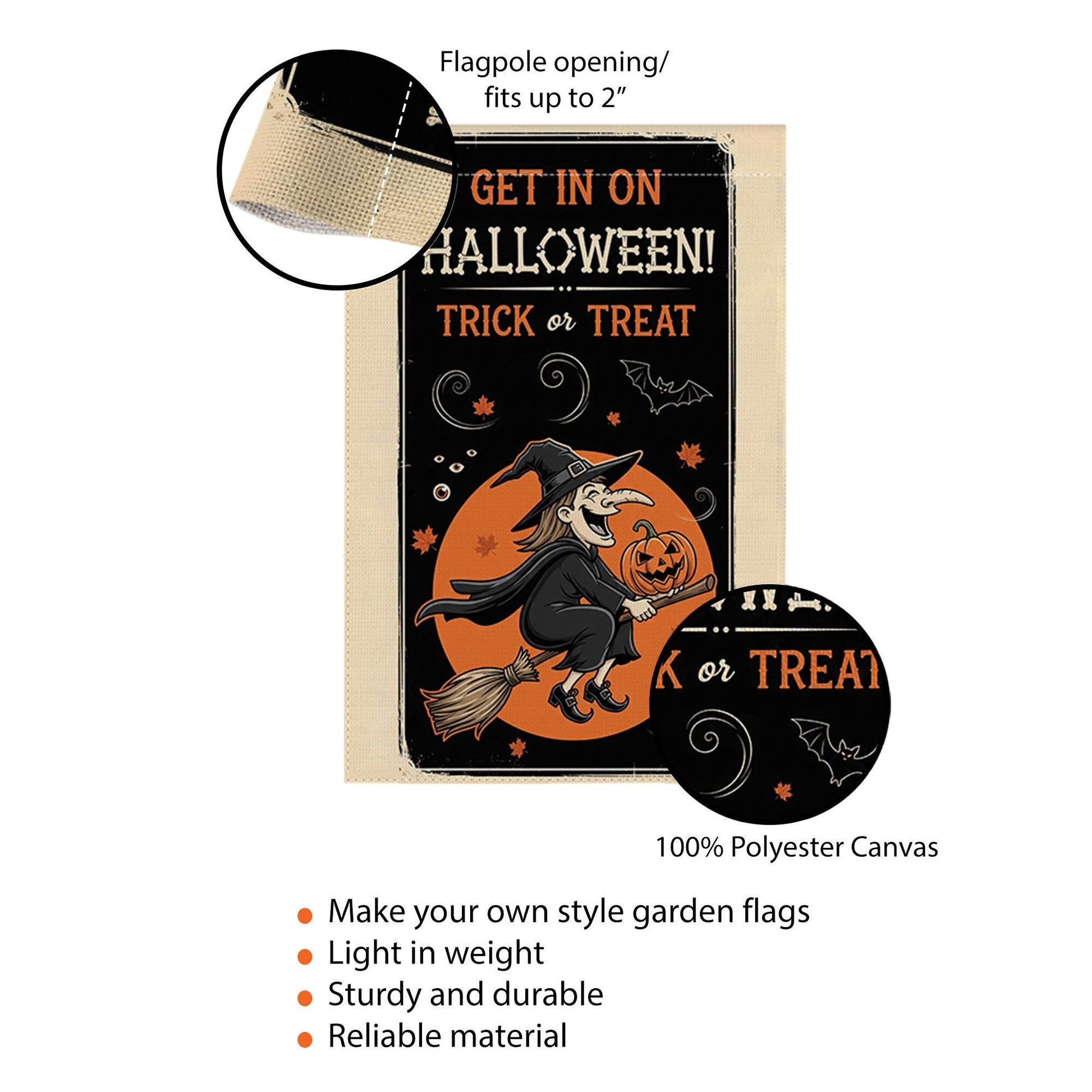 Get In On Halloween Garden Flag | Flying Witch Trick or Treat Yard Banner | Spooky Fall Outdoor Decor | Pumpkin Witch Sign