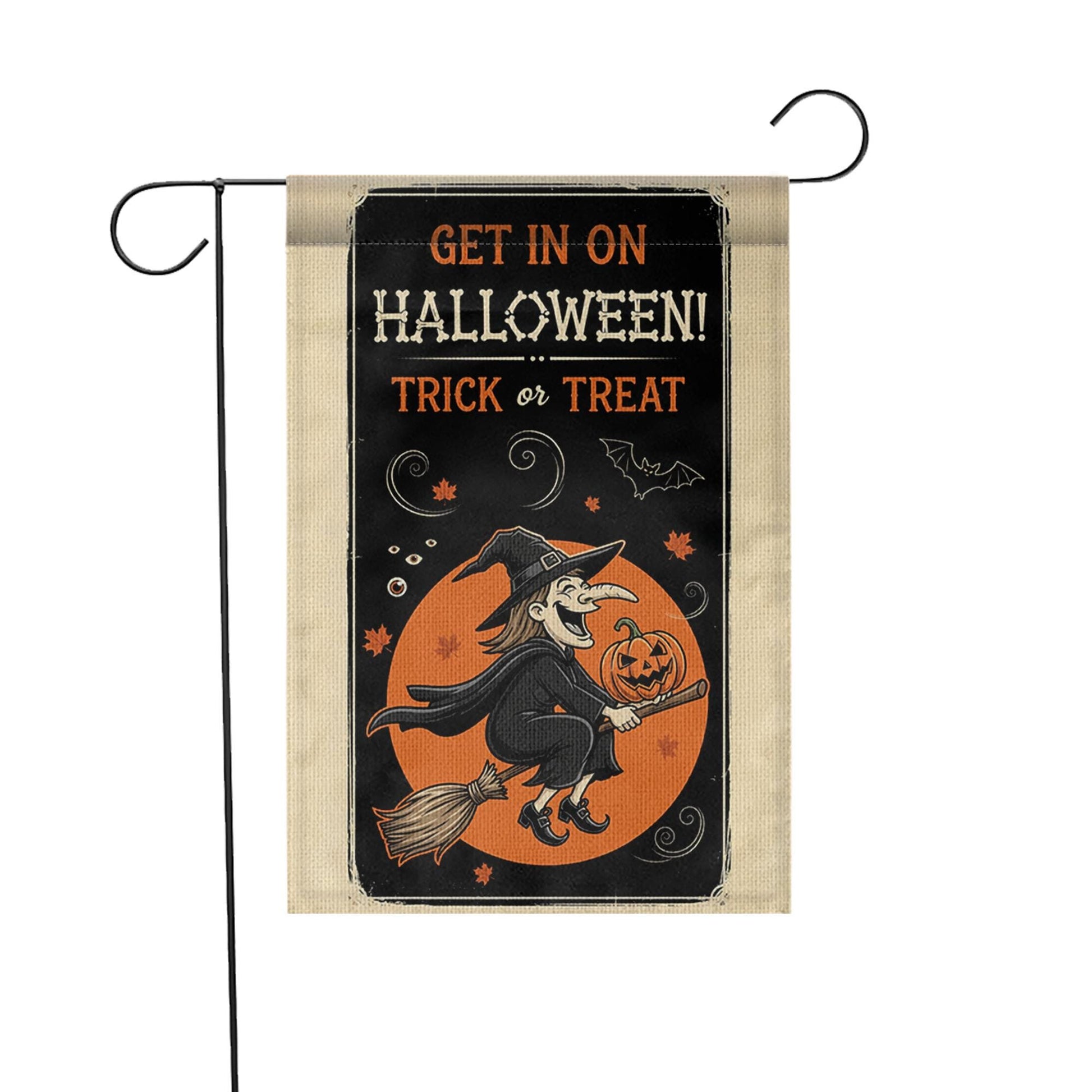 Get In On Halloween Garden Flag | Flying Witch Trick or Treat Yard Banner | Spooky Fall Outdoor Decor | Pumpkin Witch Sign