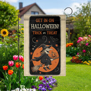 Get In On Halloween Garden Flag | Flying Witch Trick or Treat Yard Banner | Spooky Fall Outdoor Decor | Pumpkin Witch Sign