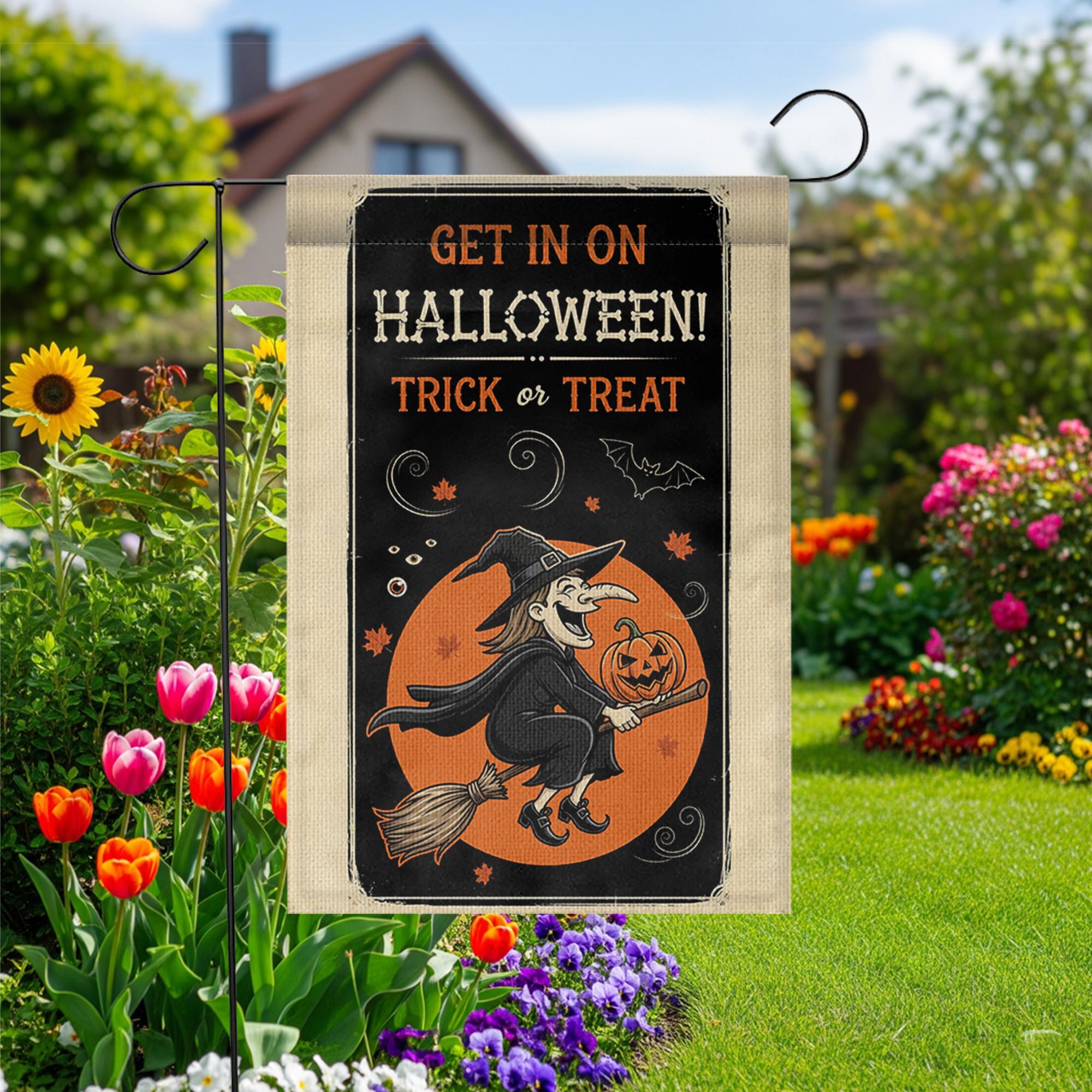 Get In On Halloween Garden Flag | Flying Witch Trick or Treat Yard Banner | Spooky Fall Outdoor Decor | Pumpkin Witch Sign