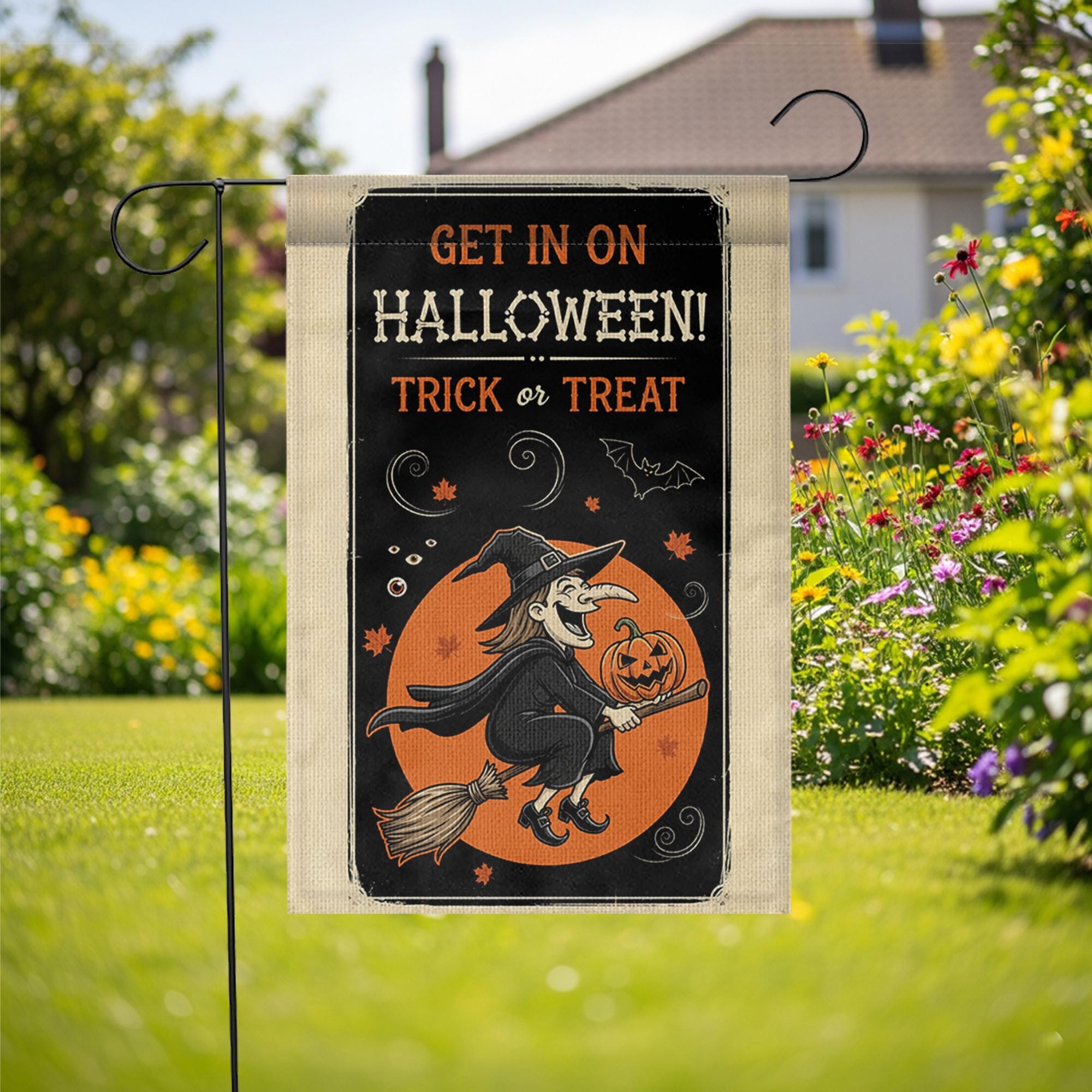 Get In On Halloween Garden Flag | Flying Witch Trick or Treat Yard Banner | Spooky Fall Outdoor Decor | Pumpkin Witch Sign