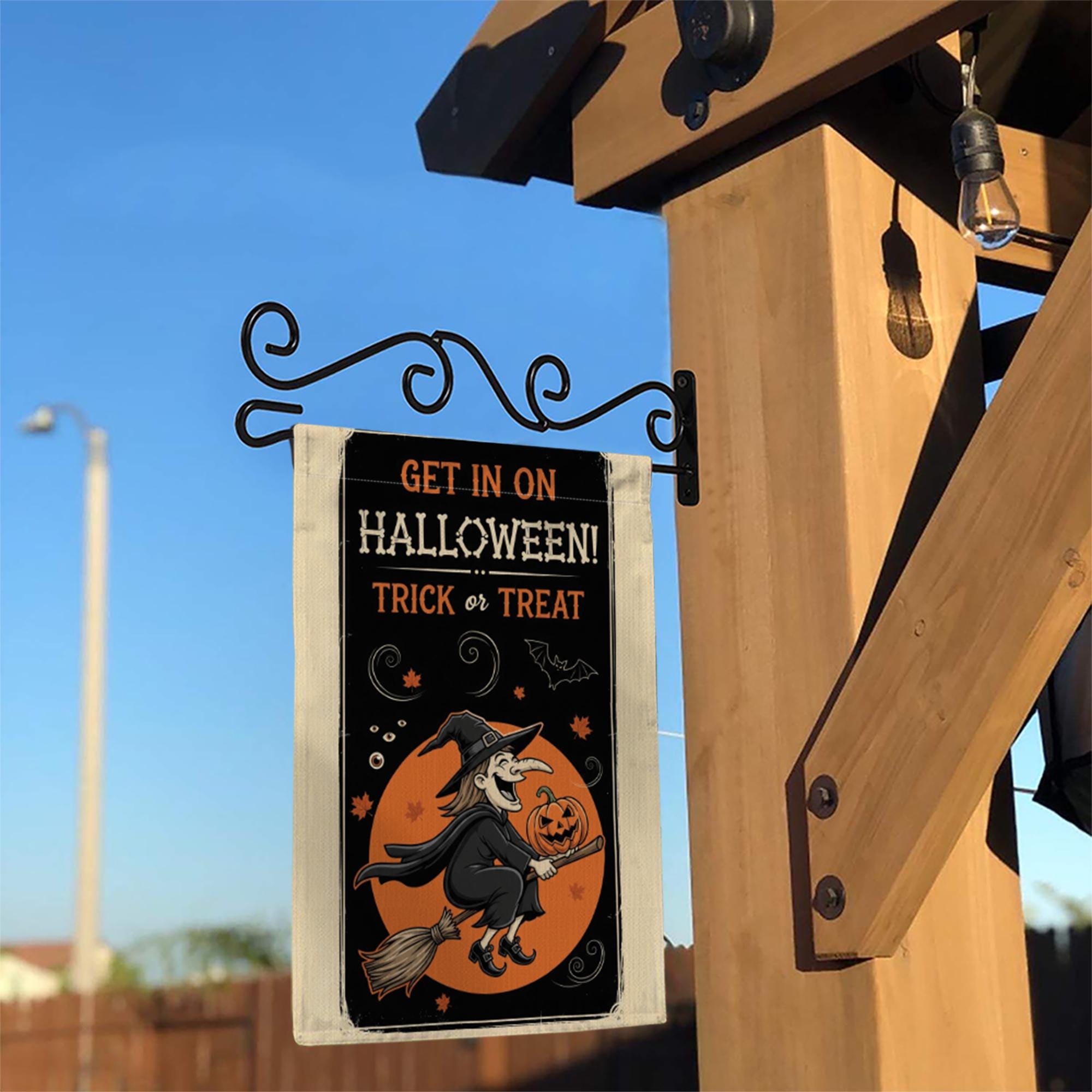 Get In On Halloween Garden Flag | Flying Witch Trick or Treat Yard Banner | Spooky Fall Outdoor Decor | Pumpkin Witch Sign