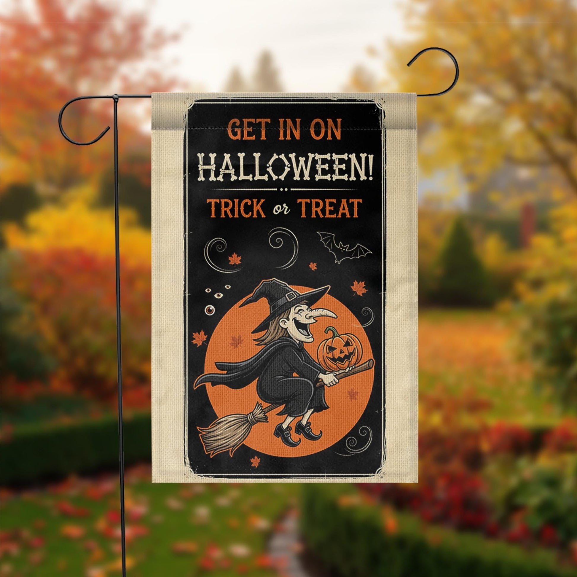 Get In On Halloween Garden Flag | Flying Witch Trick or Treat Yard Banner | Spooky Fall Outdoor Decor | Pumpkin Witch Sign