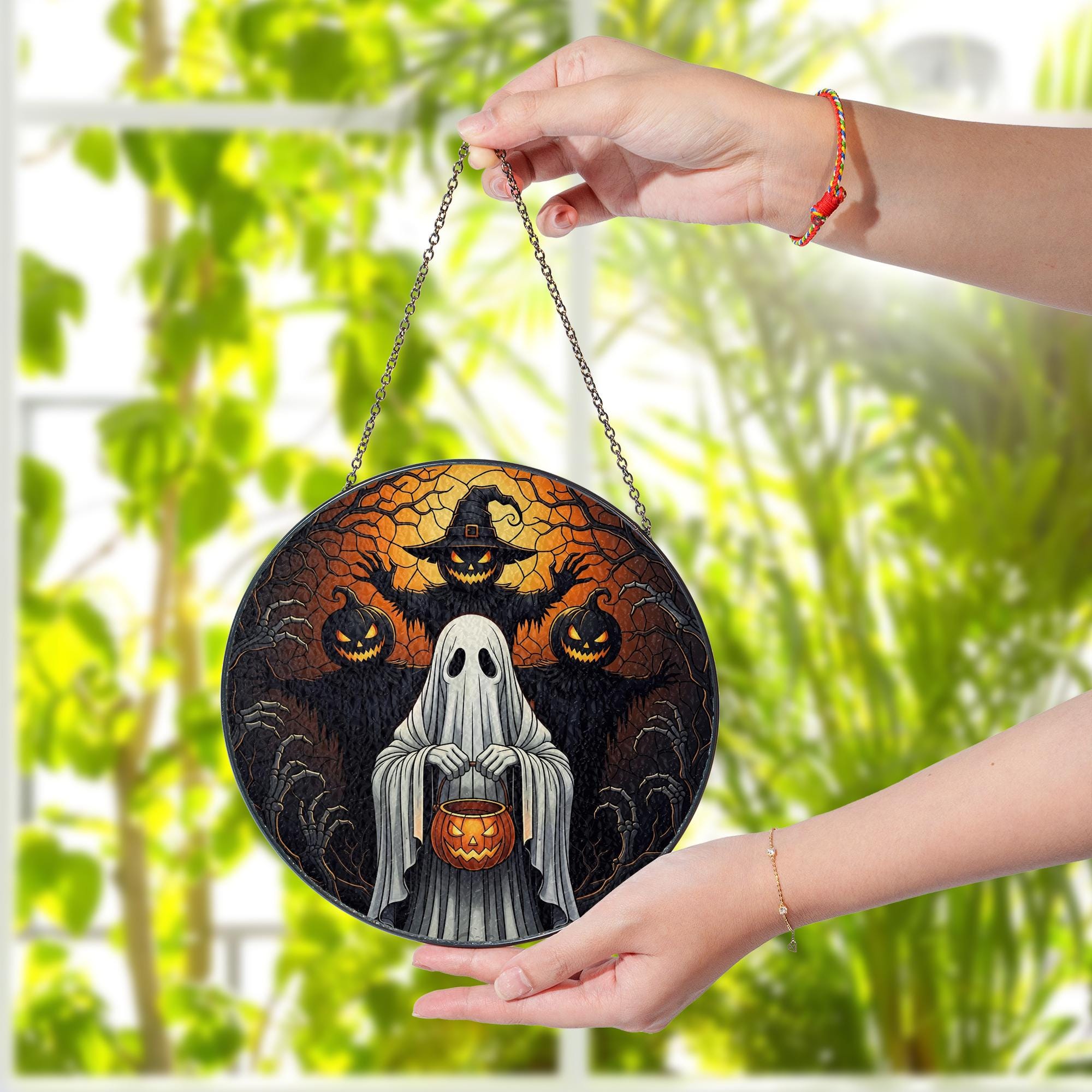 Halloween Ghost Pumpkin Stained Glass Suncatcher | Spooky Fall Hanging Window Decor | Witch Jack-o-Lantern Panel