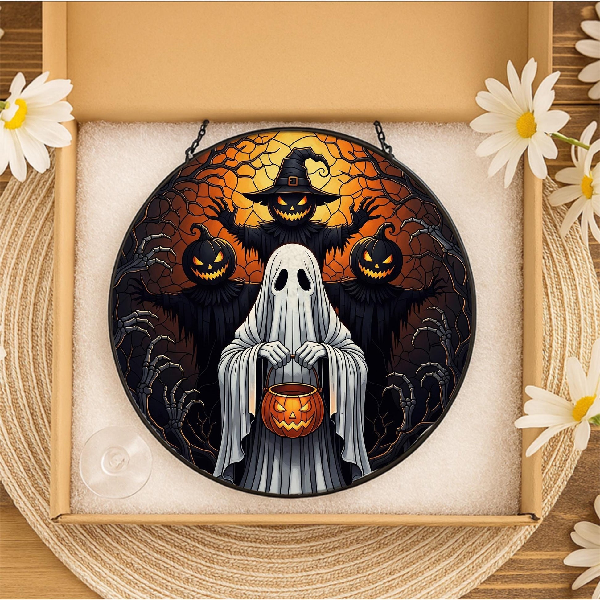 Halloween Ghost Pumpkin Stained Glass Suncatcher | Spooky Fall Hanging Window Decor | Witch Jack-o-Lantern Panel