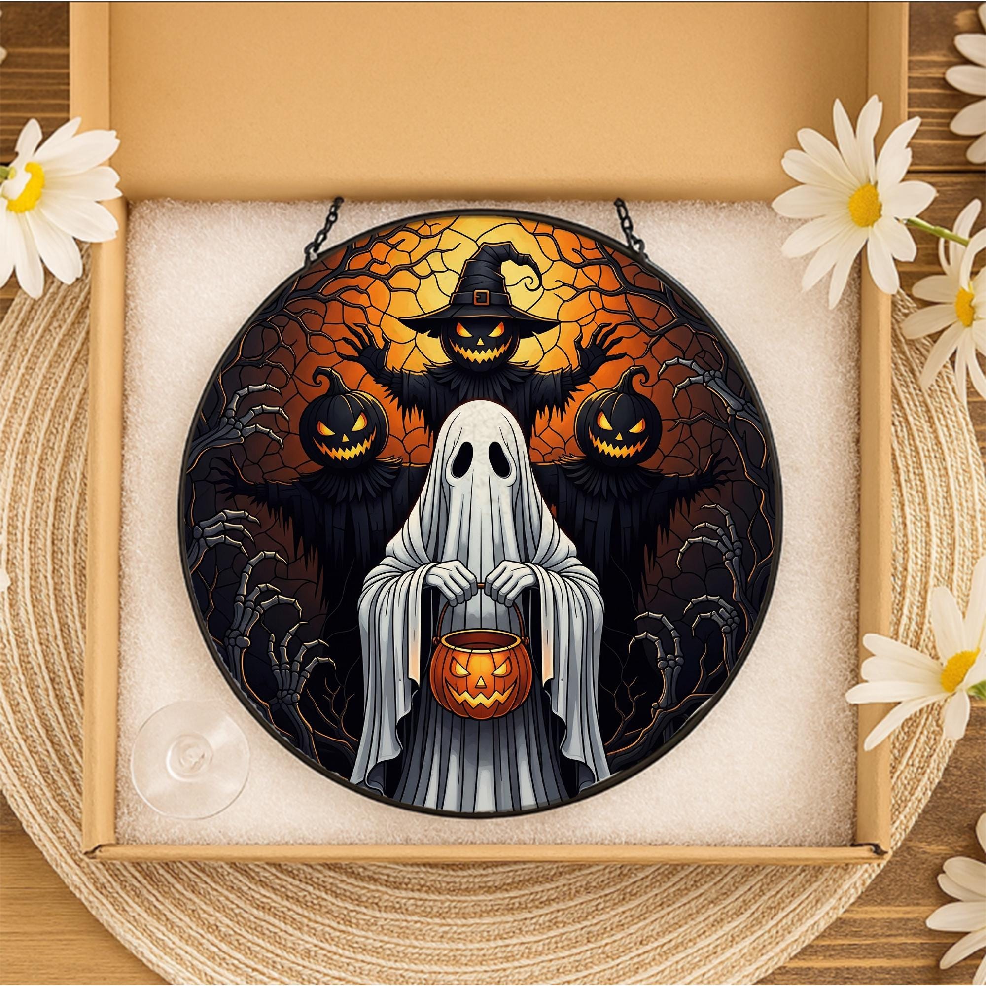 Halloween Ghost Pumpkin Stained Glass Suncatcher | Spooky Fall Hanging Window Decor | Witch Jack-o-Lantern Panel