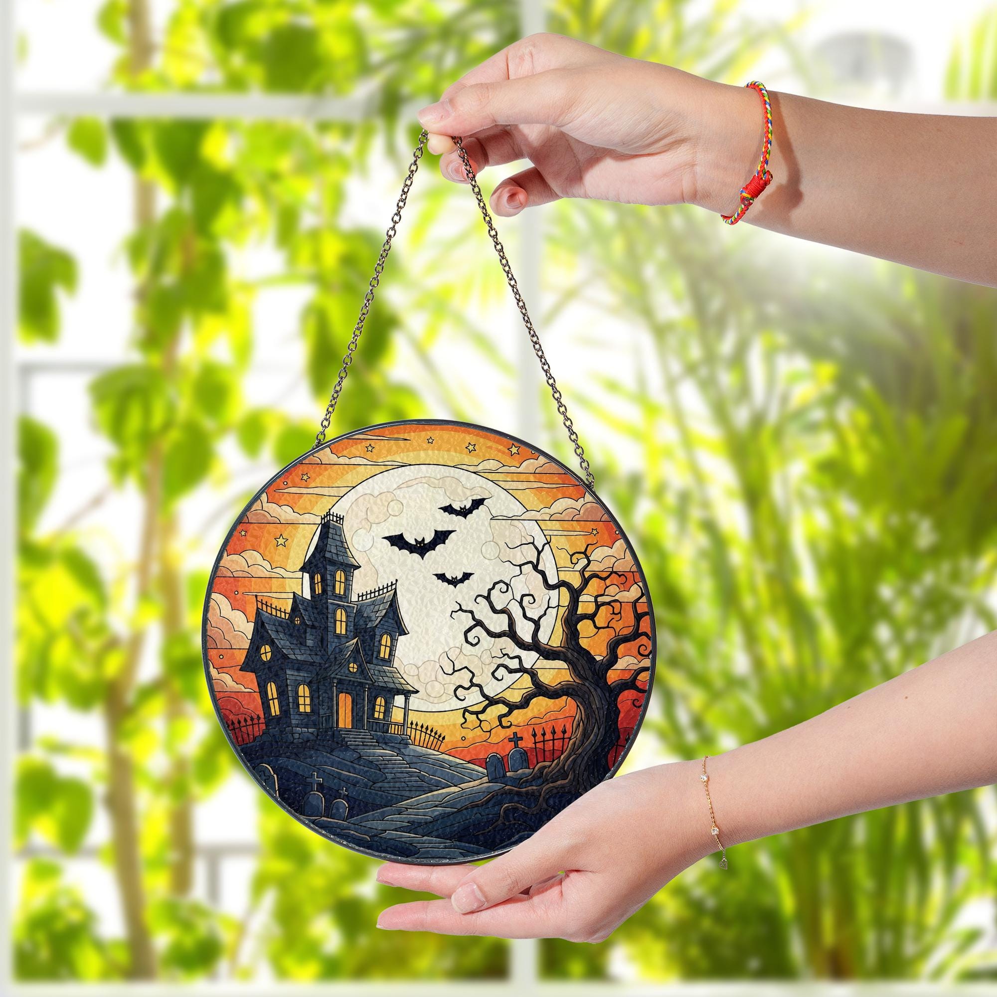 Haunted House Stained Glass Suncatcher | Halloween Spooky Tree Bat Window Panel | Gothic Fall Hanging Decor