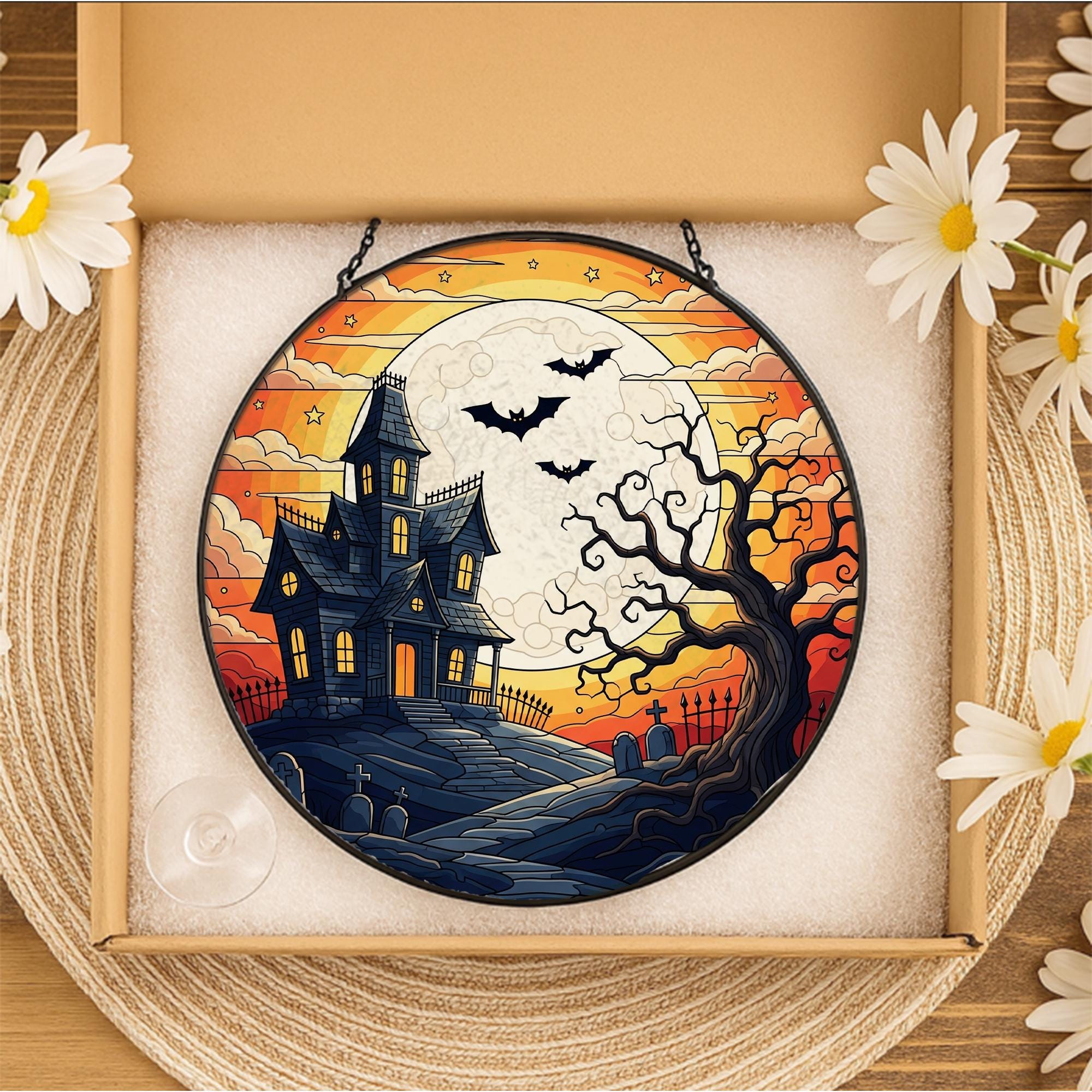 Haunted House Stained Glass Suncatcher | Halloween Spooky Tree Bat Window Panel | Gothic Fall Hanging Decor