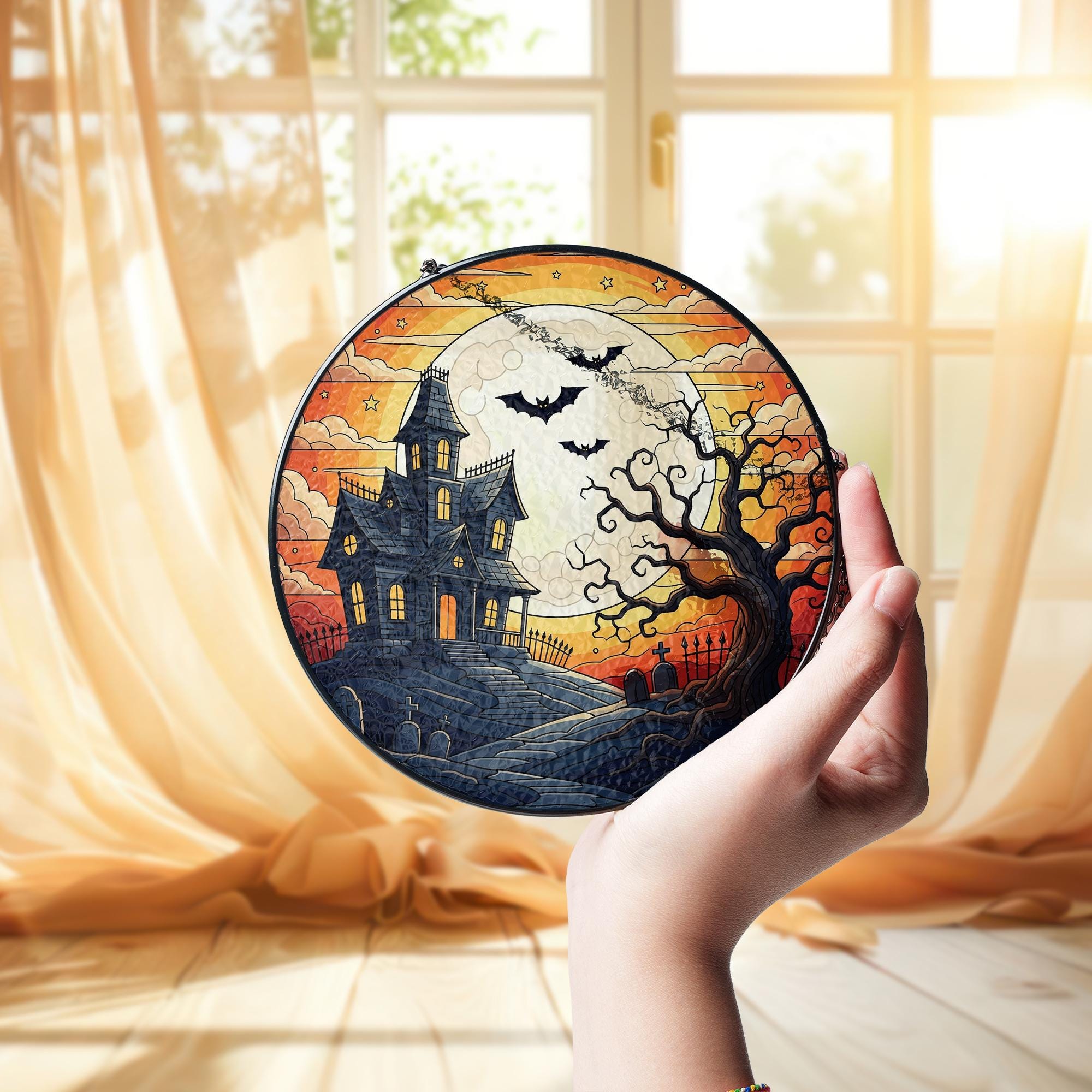 Haunted House Stained Glass Suncatcher | Halloween Spooky Tree Bat Window Panel | Gothic Fall Hanging Decor